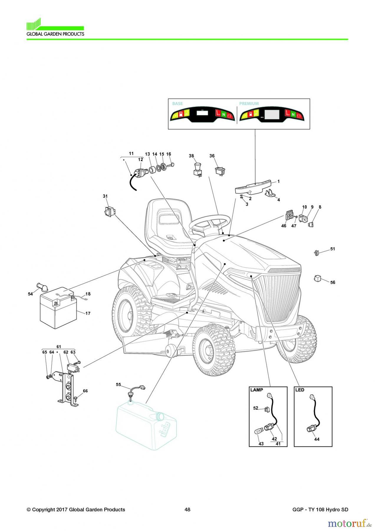 Global Garden Products GGP Aufsitzmäher Seitenauswurf 108-118cm 2017 TY 108 Hydro SD Electrical Parts