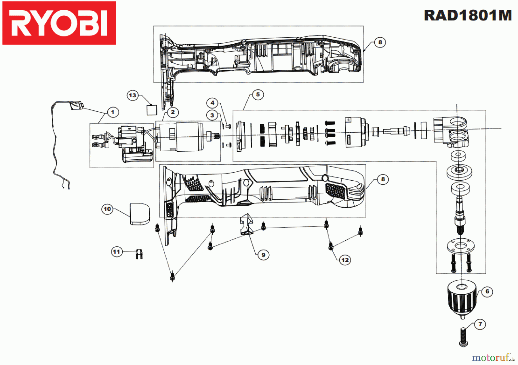 Ryobi (Schlag-)Bohrschrauber Bohrschrauber RAD1801M Seite 1