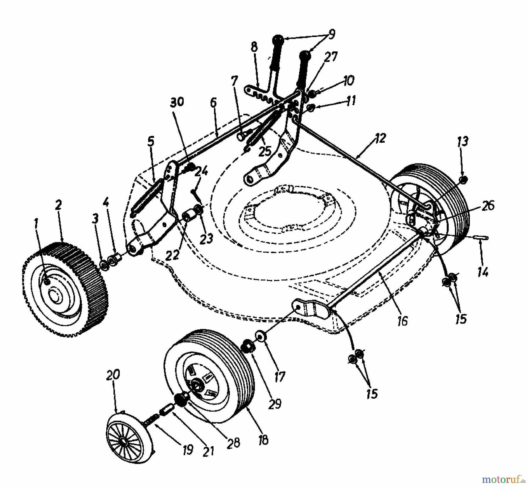  MTD Petrol mower self propelled REX-COMBI 51 SSL 126-3580  (1986) Height adjustment, Wheels