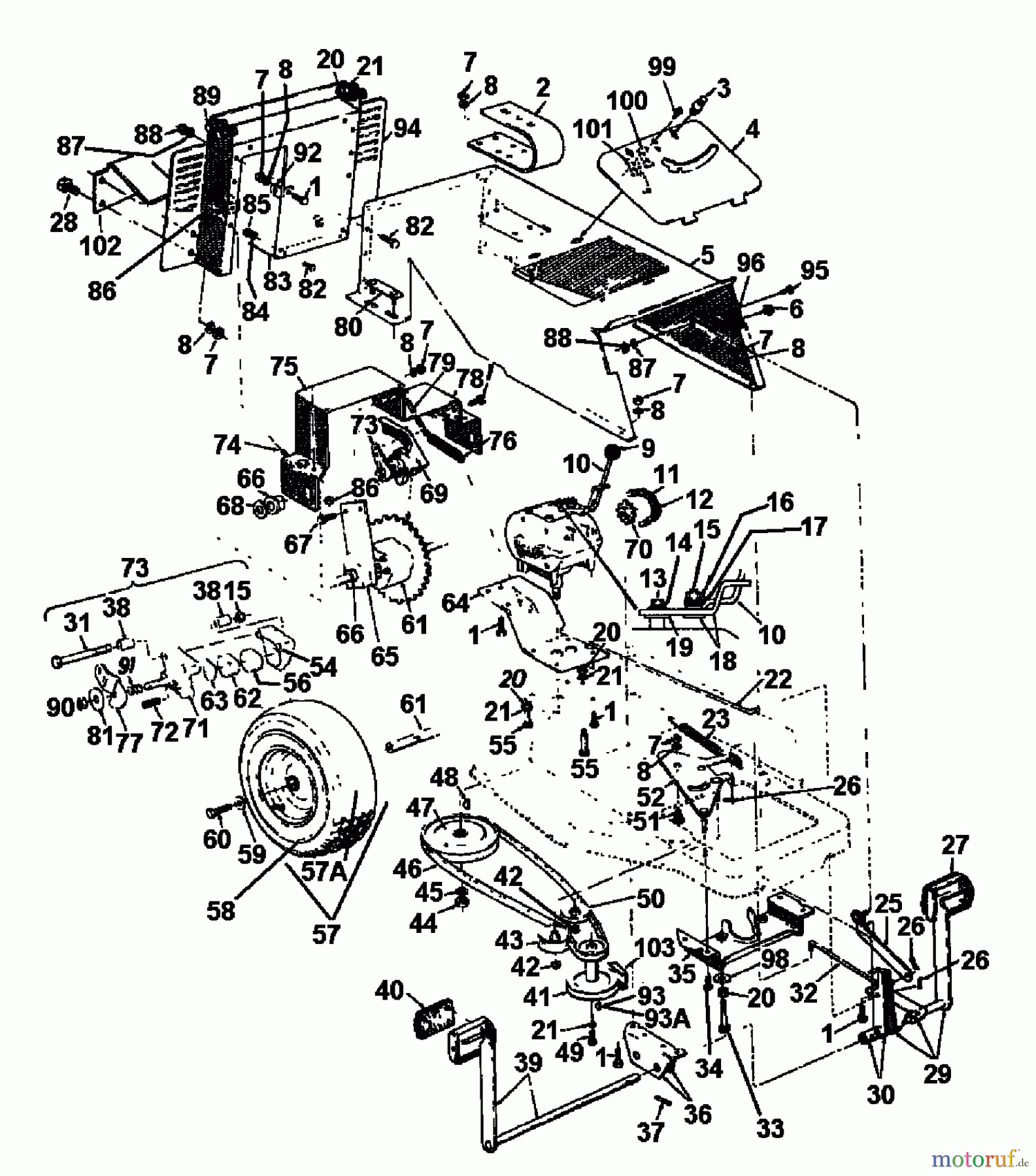 Novotrac Lawn tractors NOVOTRAC 11 Classic 131-5270 (1991) Drive system, Engine pulley, Pedal, Rear wheels