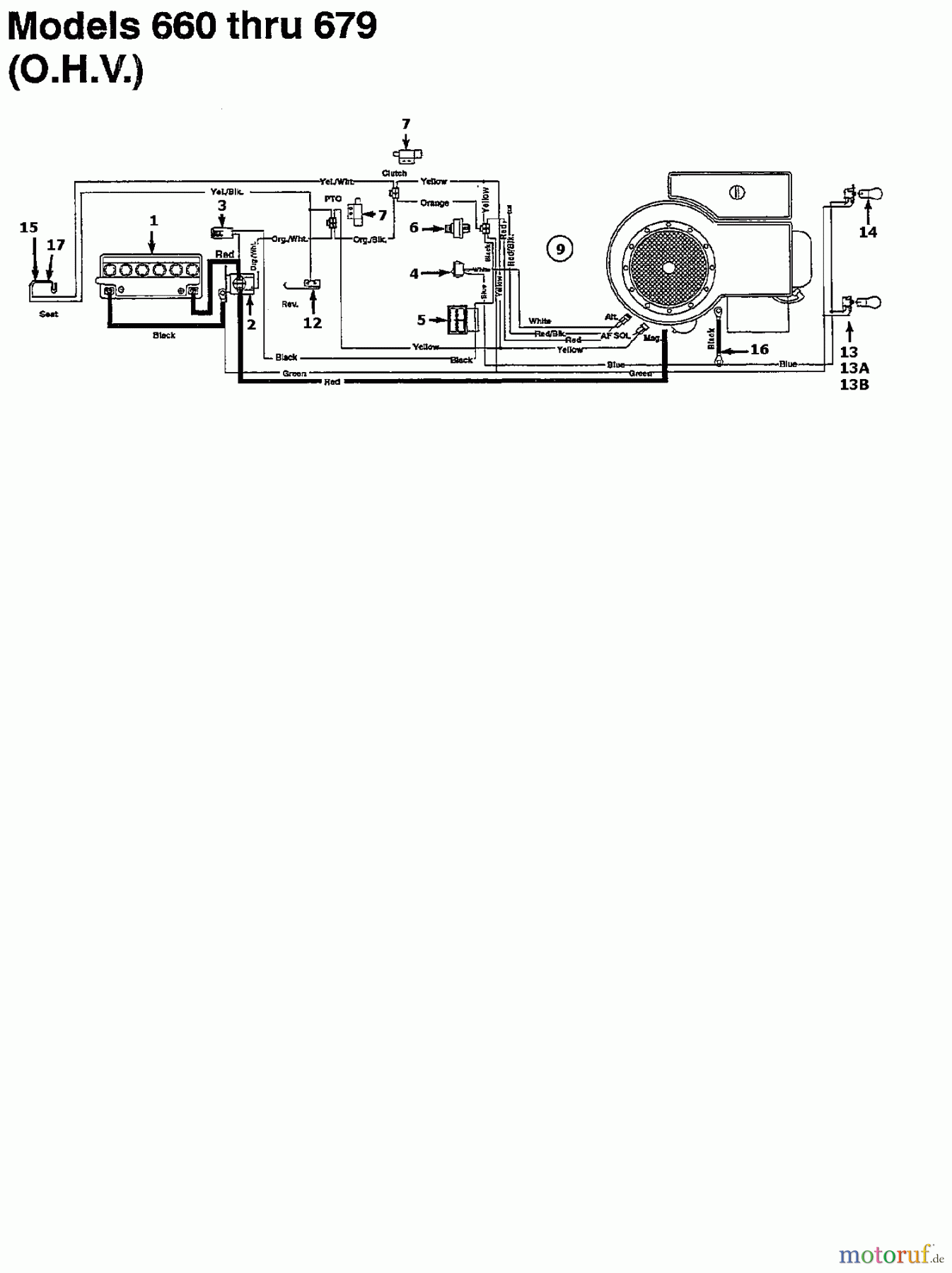  MTD Lawn tractors 12.5/76 134K675C678  (1994) Wiring diagram for O.H.V.