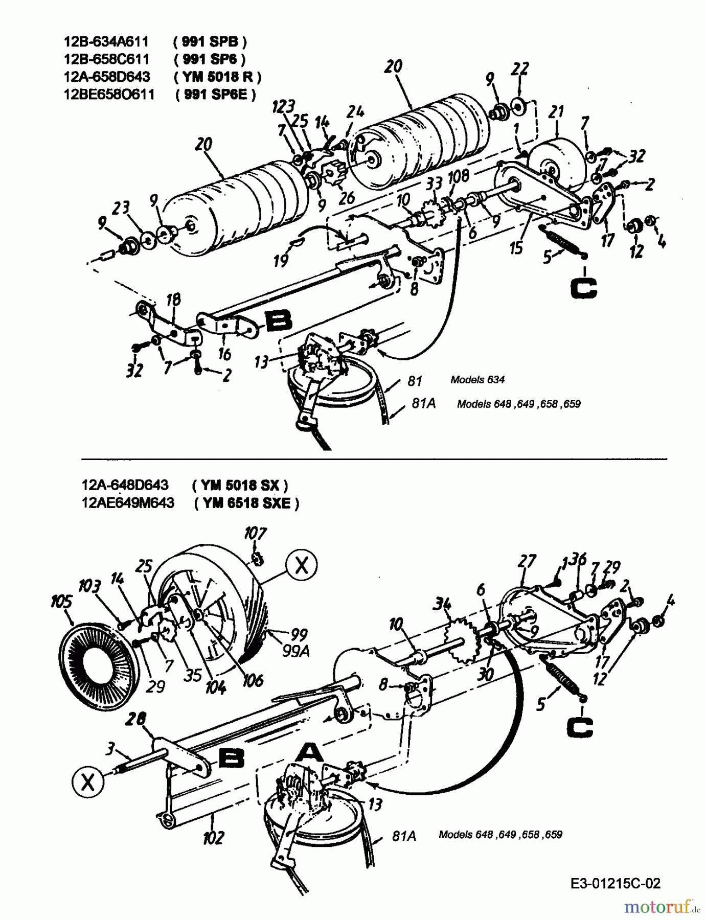  Lawnflite Petrol mower self propelled 991 SP 6 12B-658C611  (1999) Gearbox, Rollers, Wheels