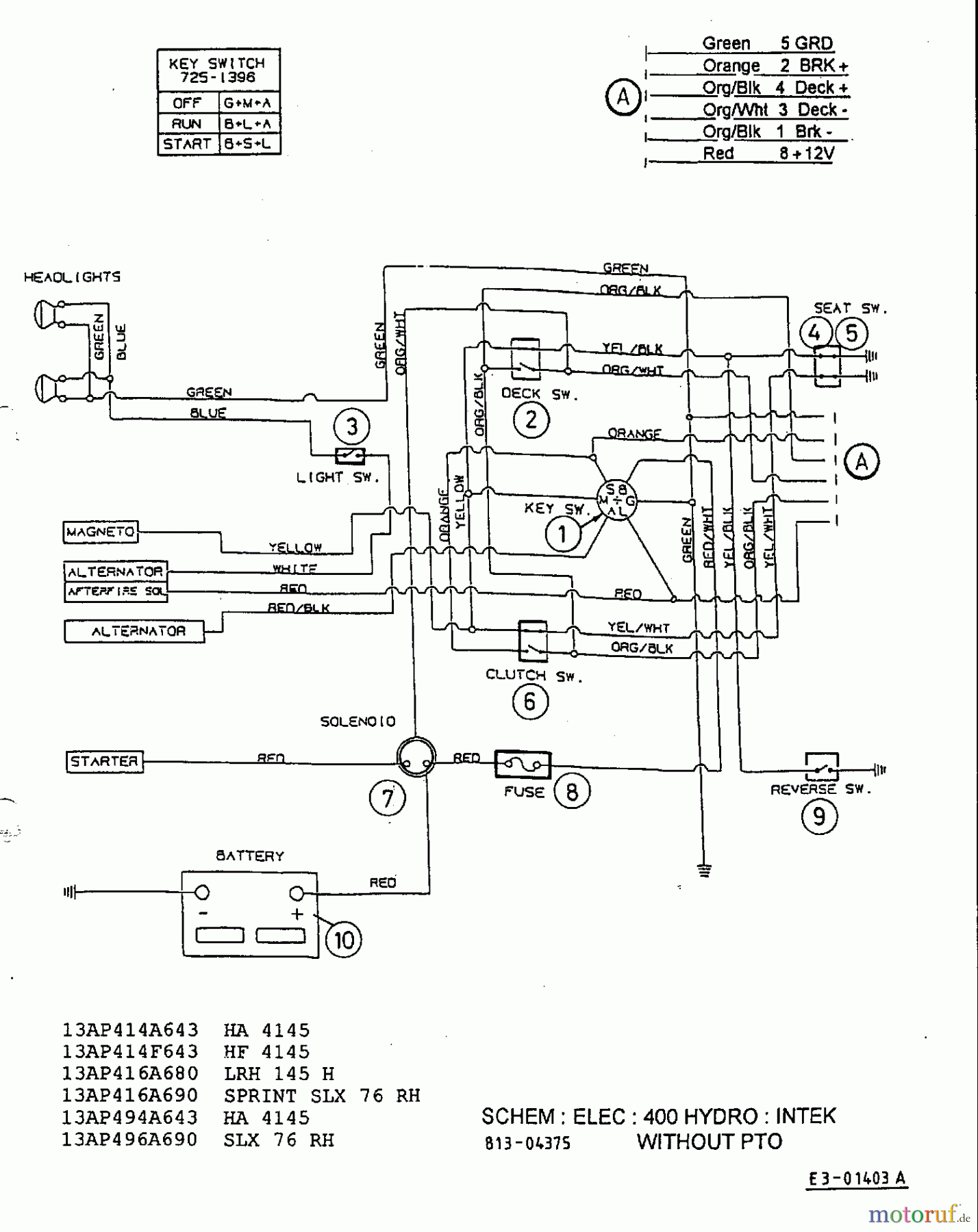  Gutbrod Lawn tractors SLX 76 RH 13AP496A690  (1999) Wiring diagram Intek without electric clutch
