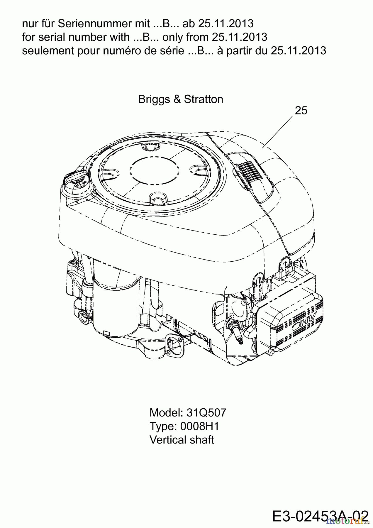  MTD Lawn tractors Smart RF 145 H 13CM795F600  (2014) Engine Briggs & Stratton for serial number with ...B... only from 25.11.2013