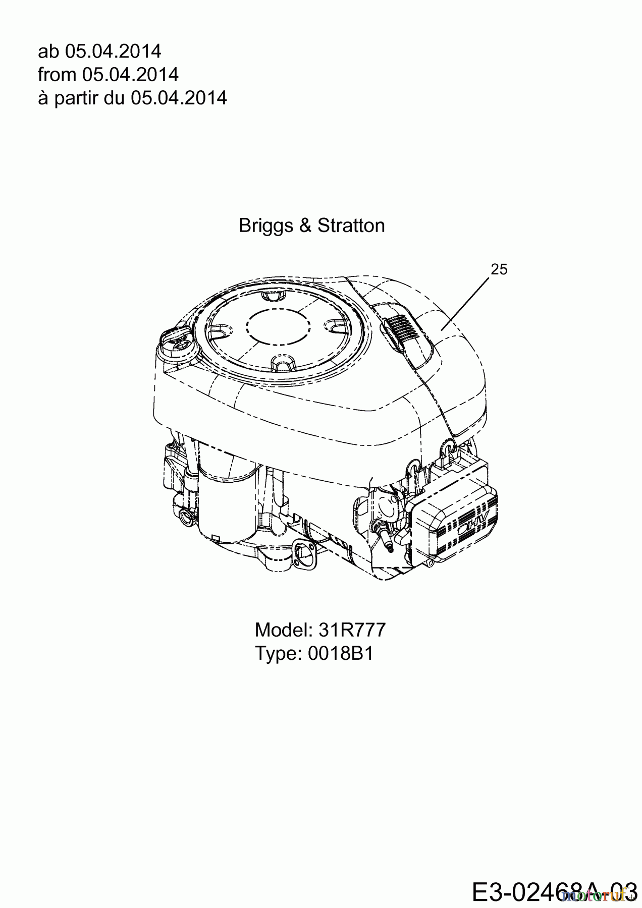  Cub Cadet Lawn tractors CC 1018 AN 13HD90AN603  (2014) Engine Briggs & Stratton from 05.04.2014