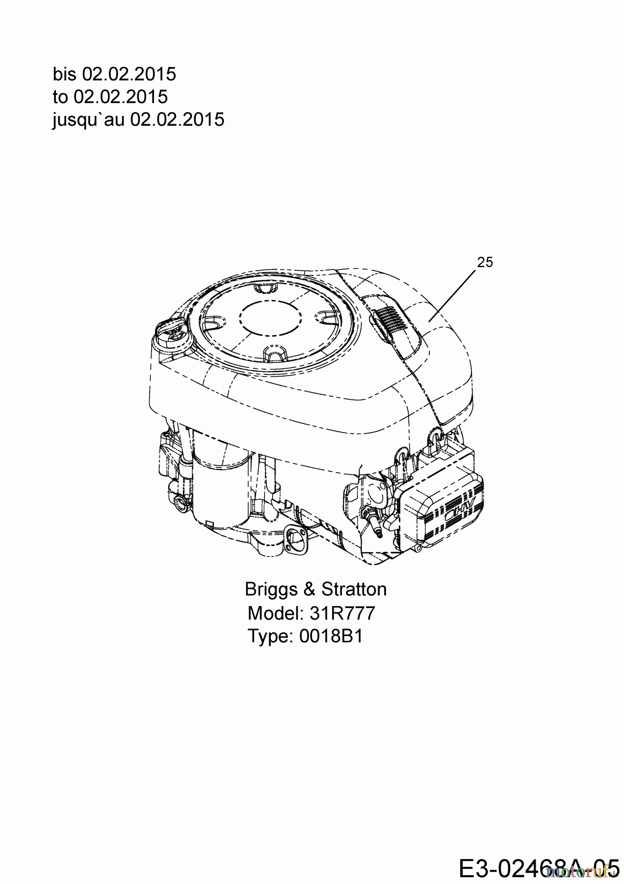  Cub Cadet Lawn tractors CC 1018 HE 13HD91AE603  (2015) Engine Briggs & Stratton to 02.02.2015