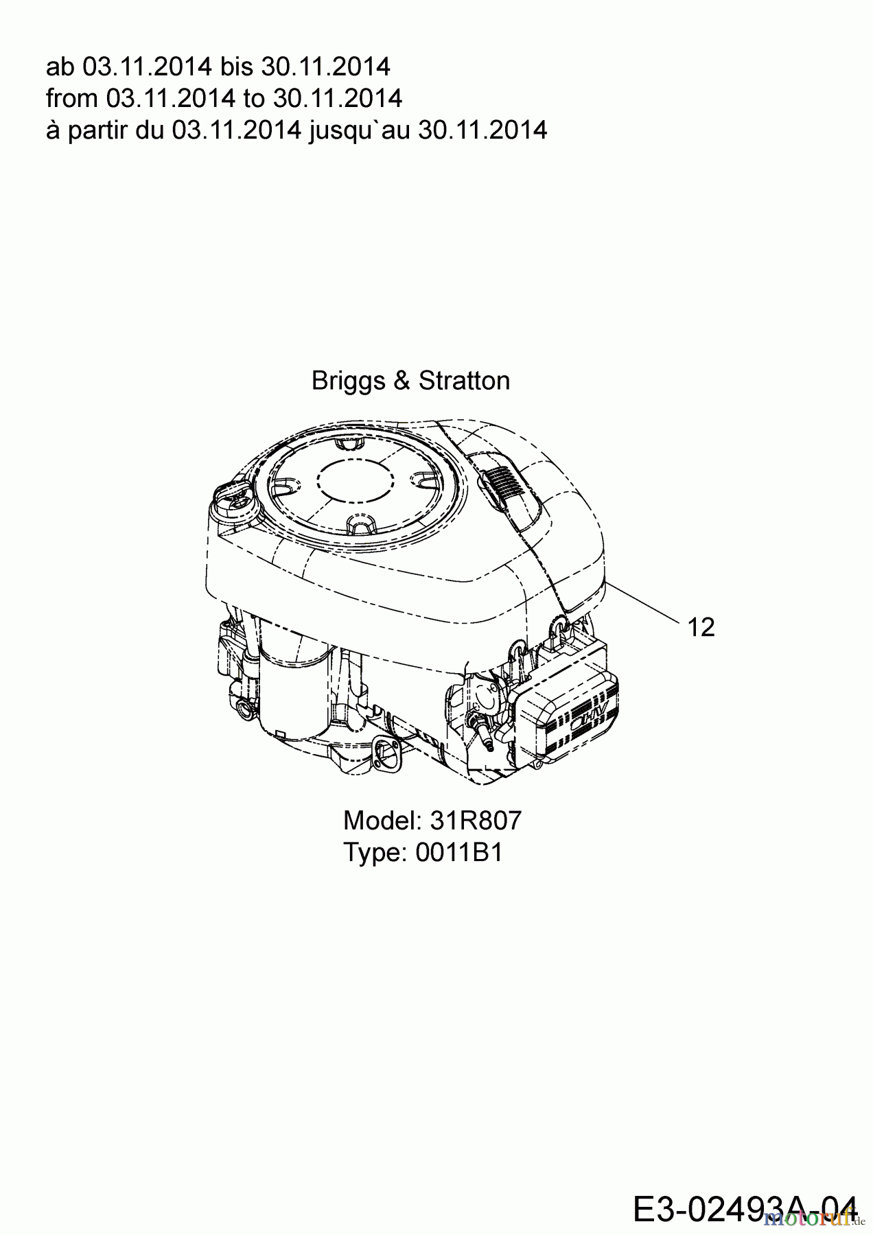  Blisar Lawn tractors GG 175 13HN763G607  (2015) Engine Briggs & Stratton from 03.11.2014 to 30.11.2014