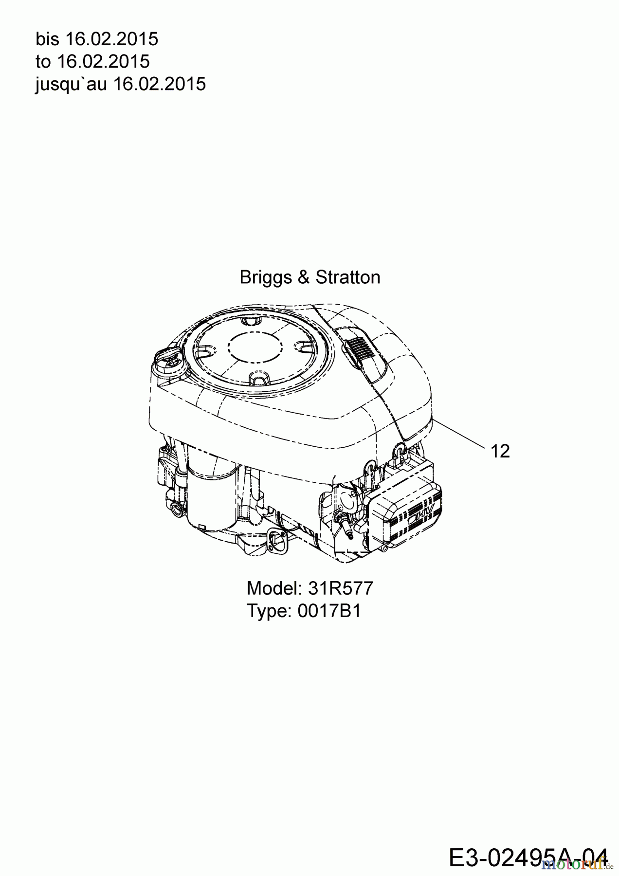  Cub Cadet Lawn tractors CC 1016 AE 13HD90AE603  (2015) Engine Briggs & Stratton to 16.02.2015