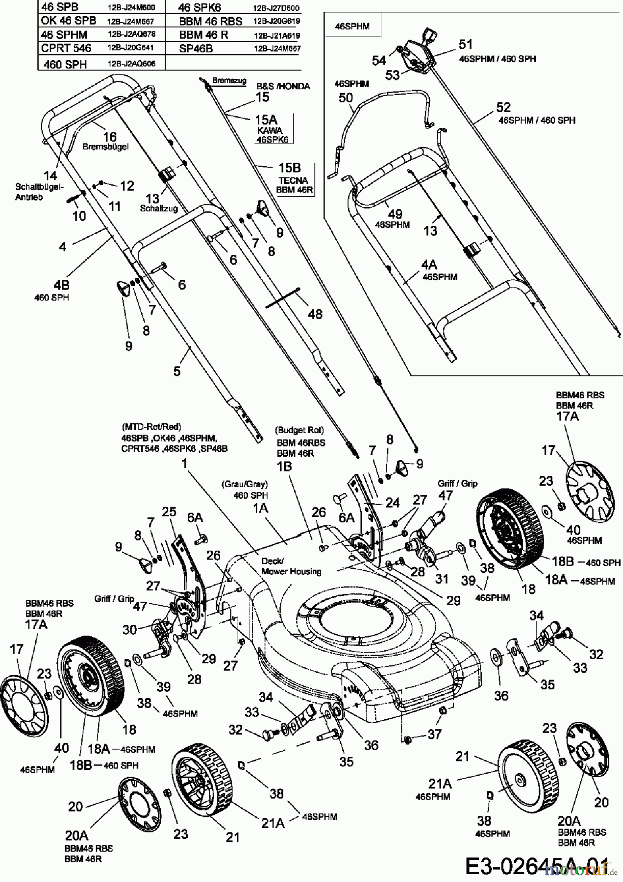  Mastercut Petrol mower self propelled SP 46 B 12B-J24M657  (2006) Handle, Wheels, Cutting hight adjustment