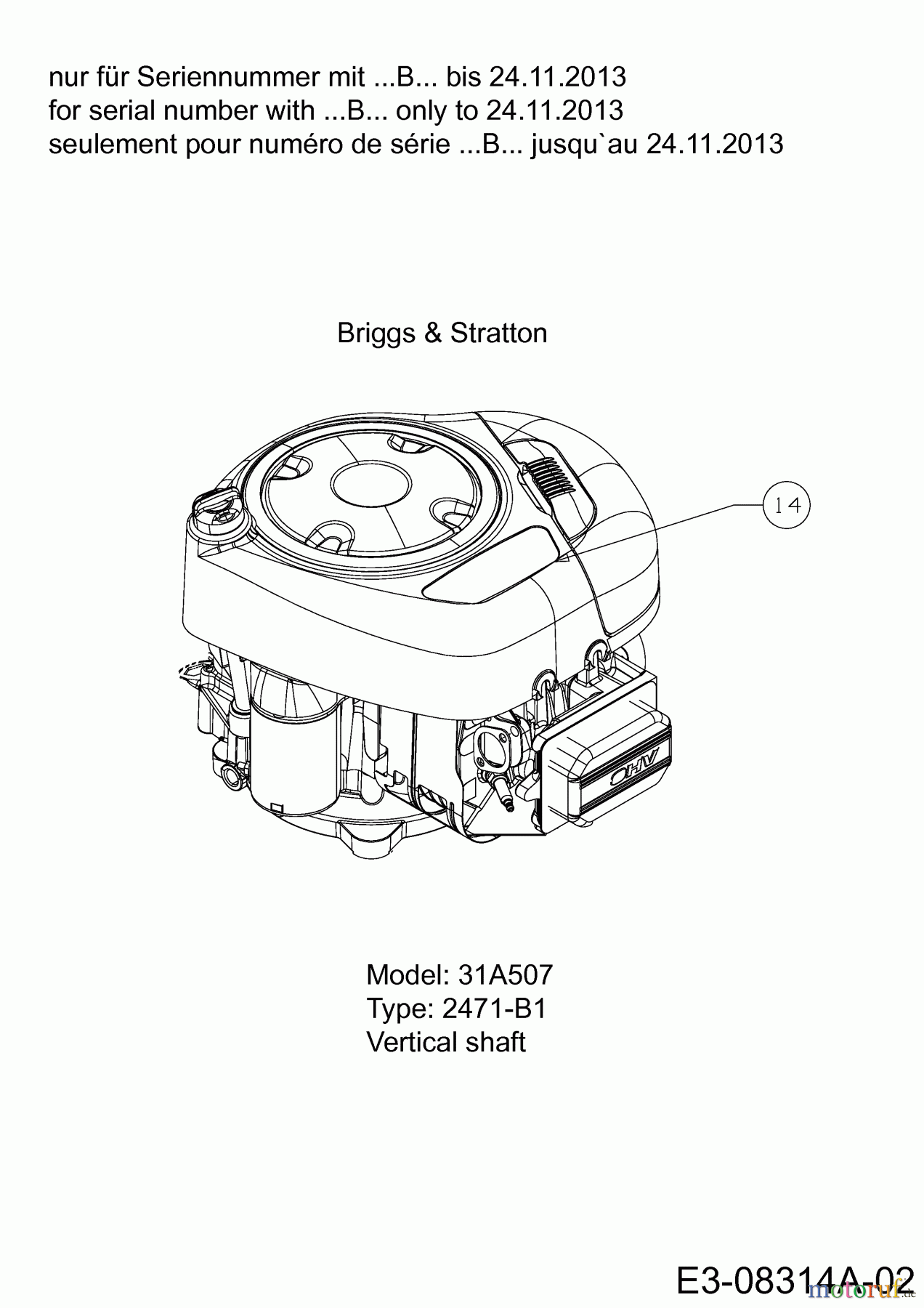  MTD Lawn tractors Smart RF 145 H 13CM795F600  (2014) Engine for serial number with …B… only to 24.11.2013