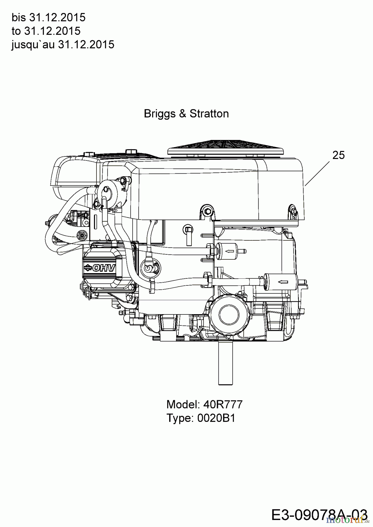  Cub Cadet Lawn tractors CC 1018 BHG 13HT93AG603  (2016) Engine Briggs & Stratton to 31.12.2015