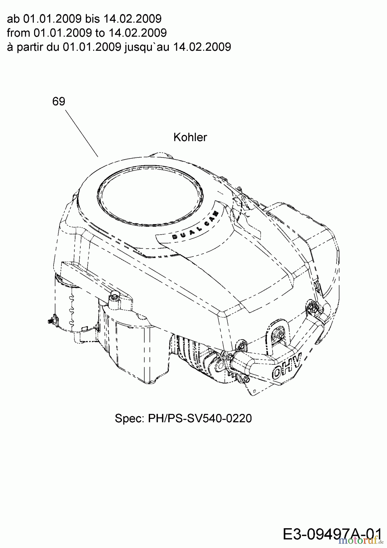  Massey Ferguson Lawn tractors MF 42-18 SH 13BV795G695  (2009) Engine Kohler from 01.01.2009 to 14.02.2009