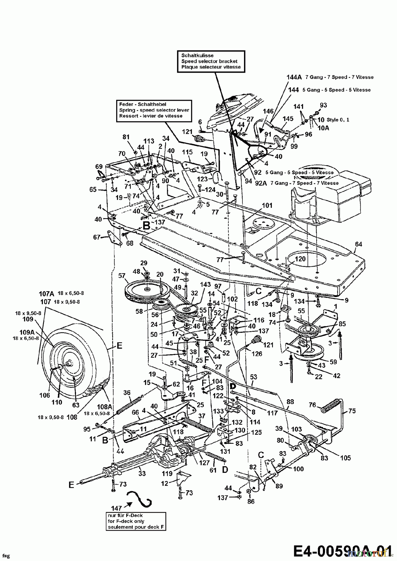  Raiffeisen Lawn tractors RMH 13-76 13A5472A628  (1998) Drive system, Engine pulley, Pedal, Rear wheels