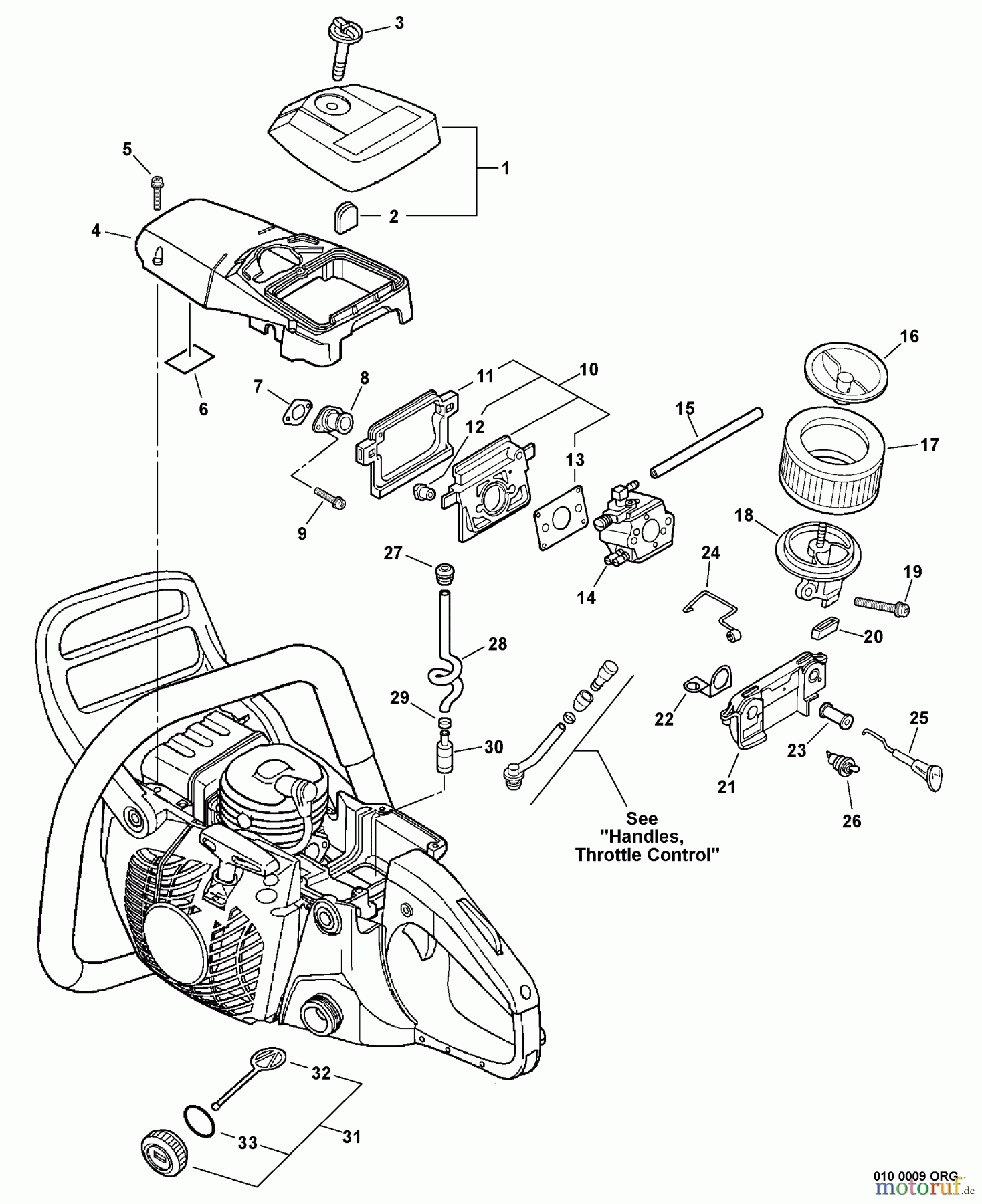  Echo Sägen, Kettensägen CS-530 - Echo Chainsaw, S/N: C02803001001 - C02803999999 Engine Cover, Intake, Fuel System, Ignition Switch