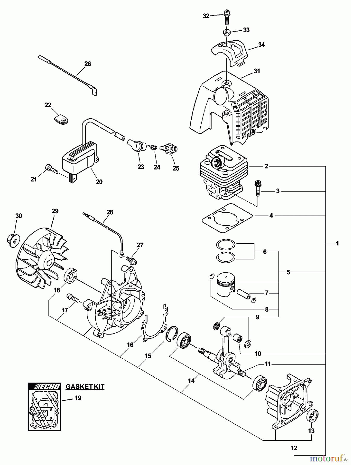 Echo Trimmer, Faden / Bürste GT-231 - Echo String Trimmer, S/N:02001001 - 02999999 Engine, Short Block, Ignition, Cylinder Cover