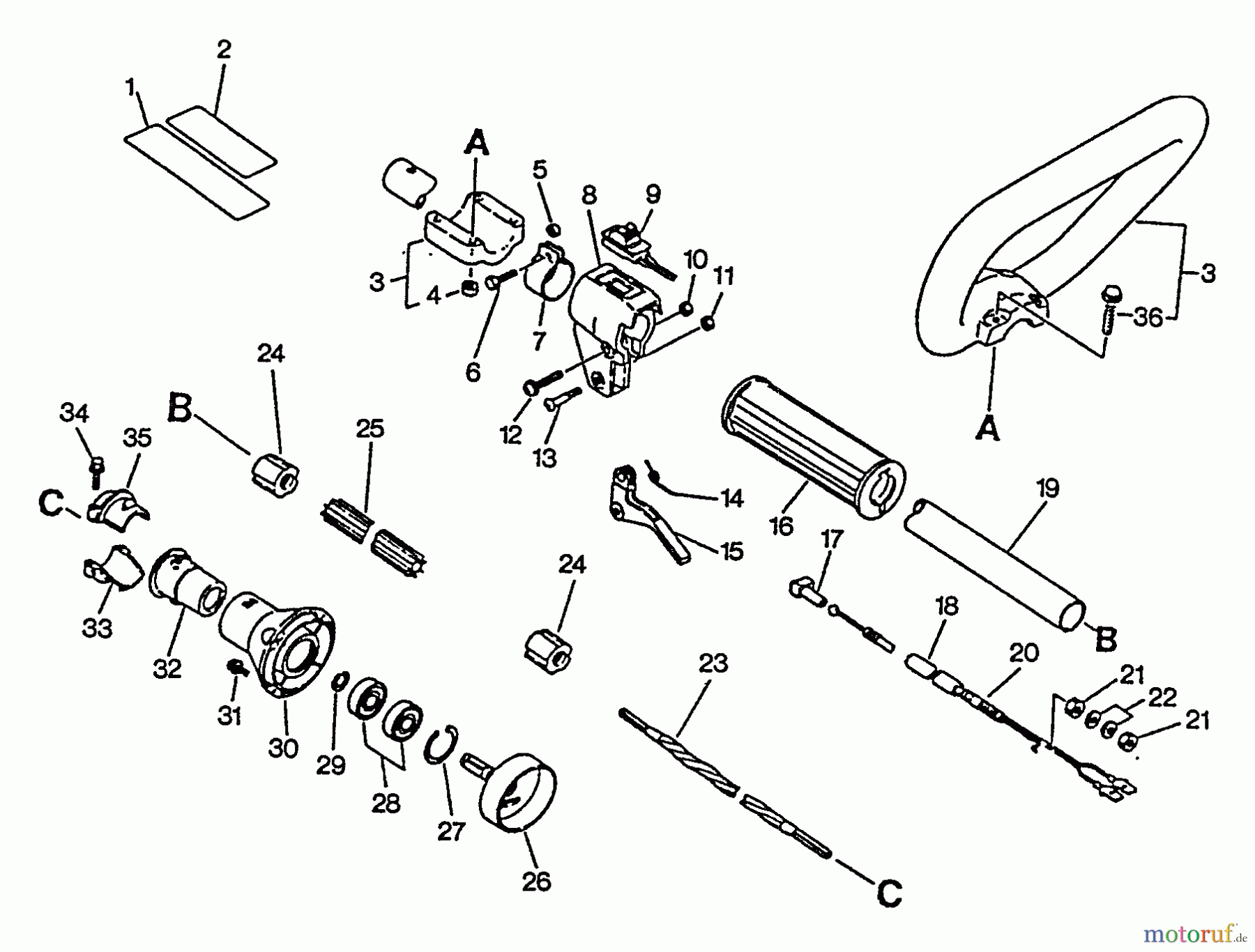  Echo Trimmer, Faden / Bürste SRM-2501 - Echo String Trimmer, S/N:0025001 - 0043000 Driveshaft, Handles, Throttle, Stop Switch, Clutch Housing