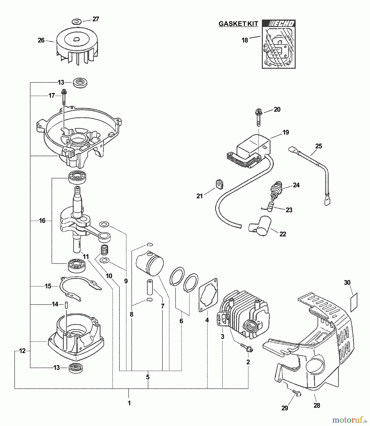  Echo Heckenscheren HC-201 - Echo Hedge Trimmer, S/N: 02001001 - 02999999 Engine, Short Block, Ignition, Cylinder Cover