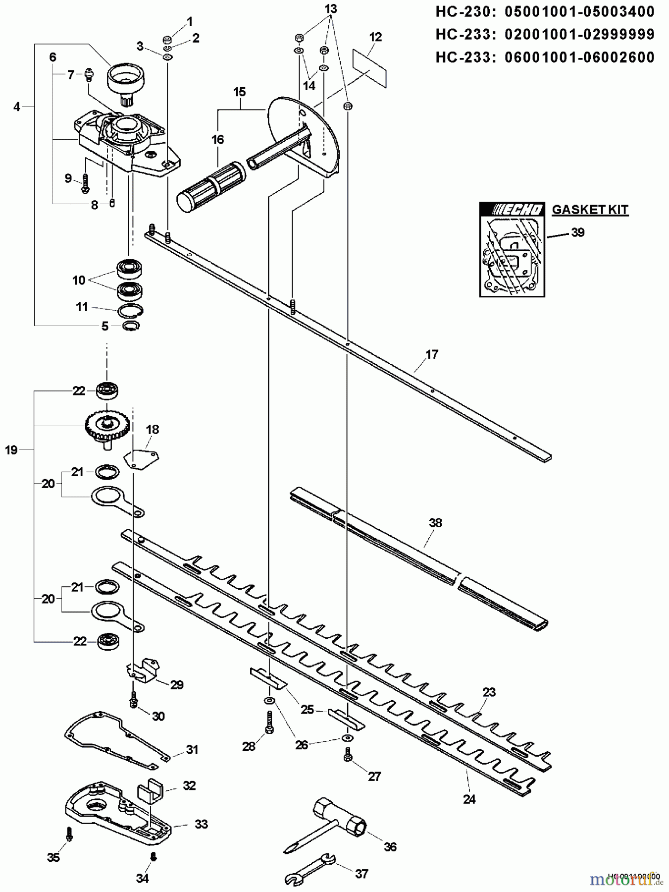 Echo Heckenscheren HC-233 - Echo Hedge Trimmer, S/N: 02001001 - 02999999 Blades, Gear Case, Side Handle, Tools
