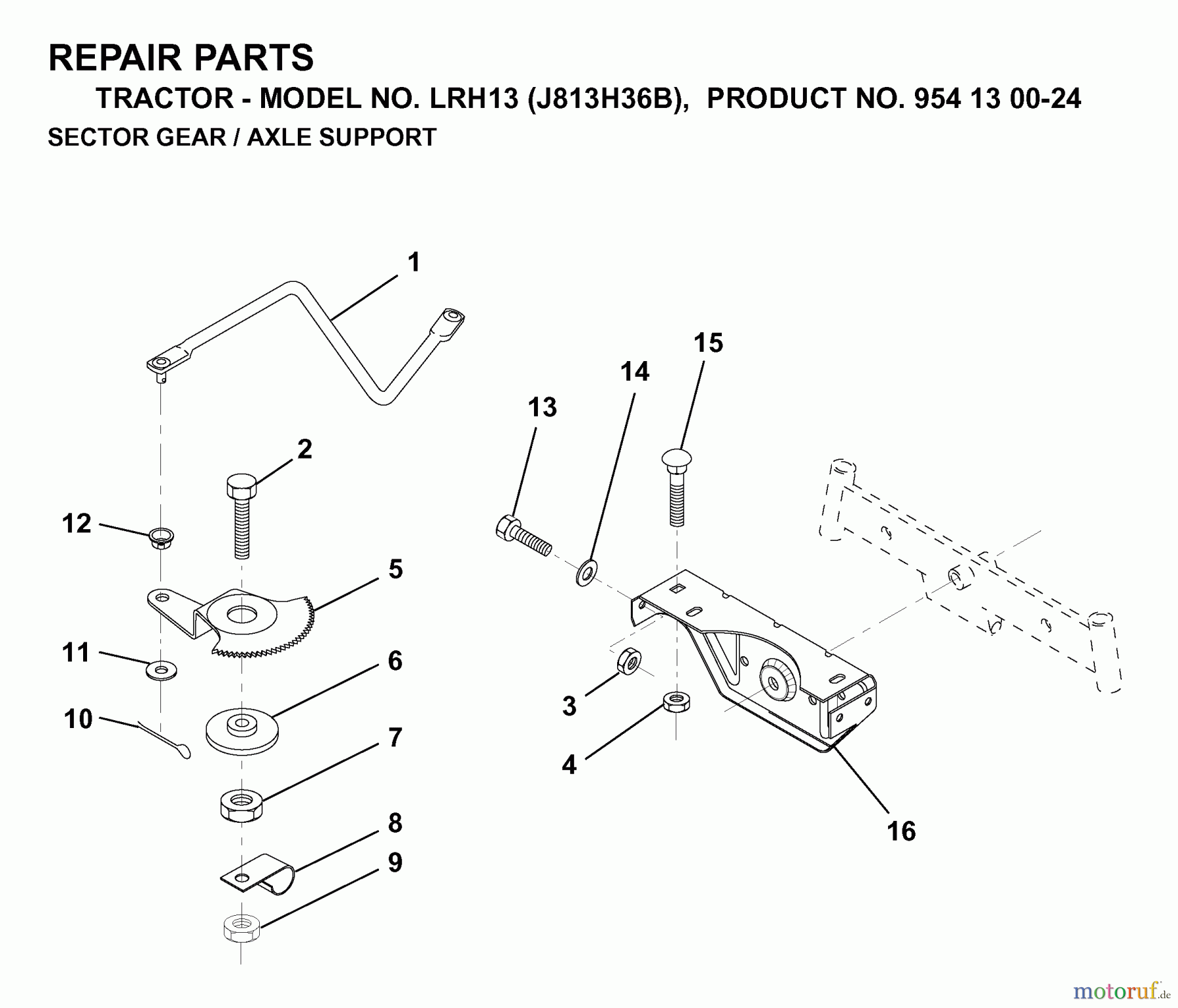  Jonsered Rasen  und Garten Traktoren LRH13 (J813H36B, 954130024) - Jonsered Lawn & Garden Tractor (1998-12) SECTOR GEAR / AXLE SUPPORT