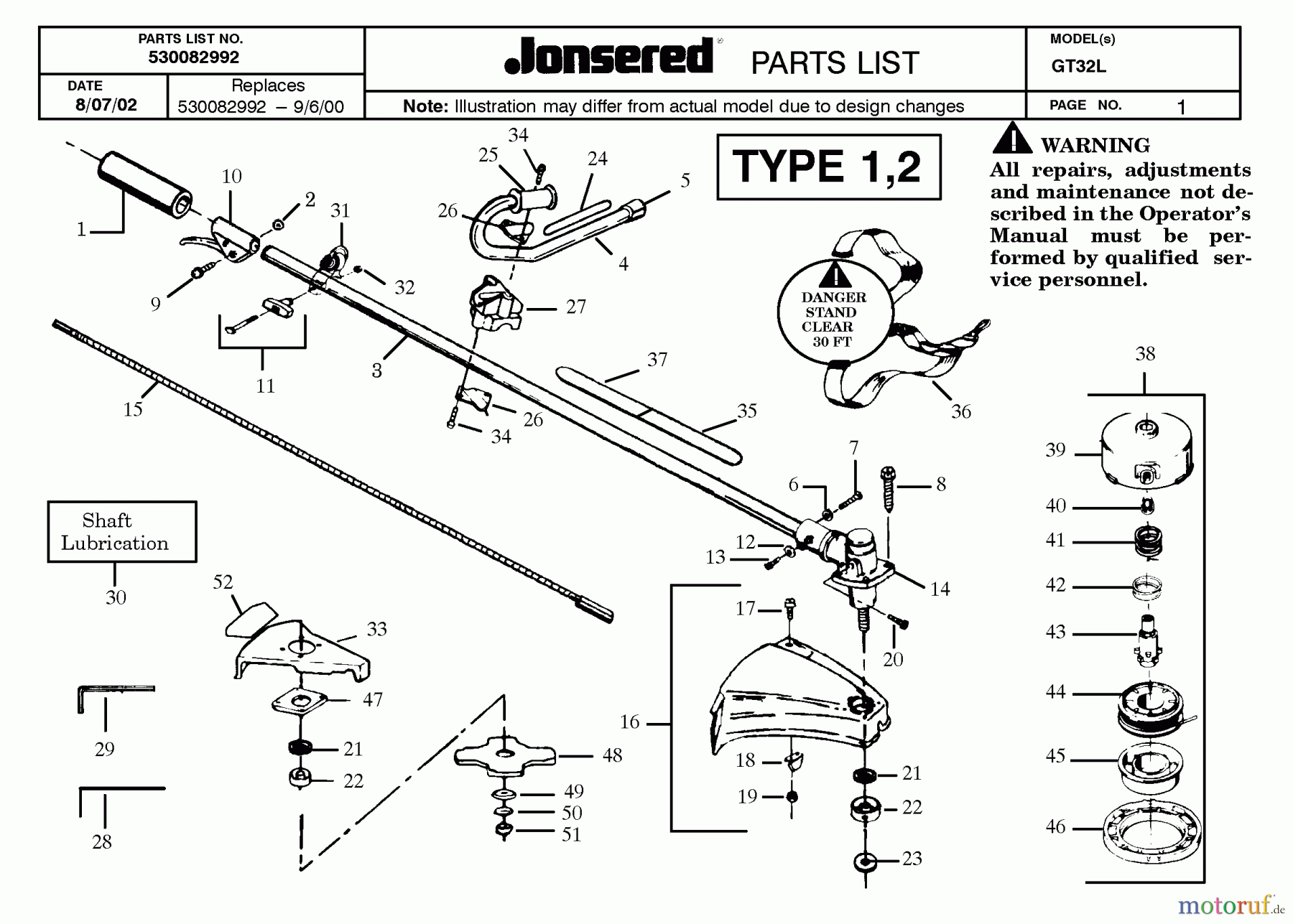  Jonsered Motorsensen, Trimmer GT32L - Jonsered String/Brush Trimmer (2002-08) SHAFT HANDLE #1
