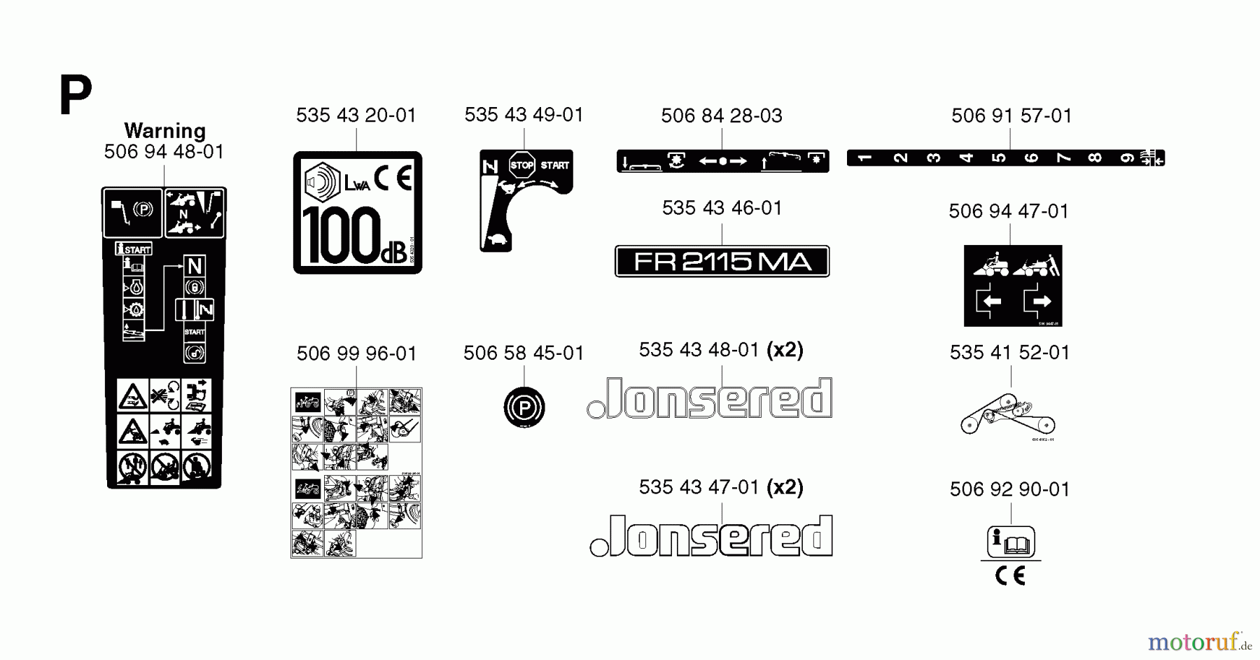  Jonsered Reitermäher FR2115 MA - Jonsered Rear-Engine Riding Mower (2002-03) DECALS