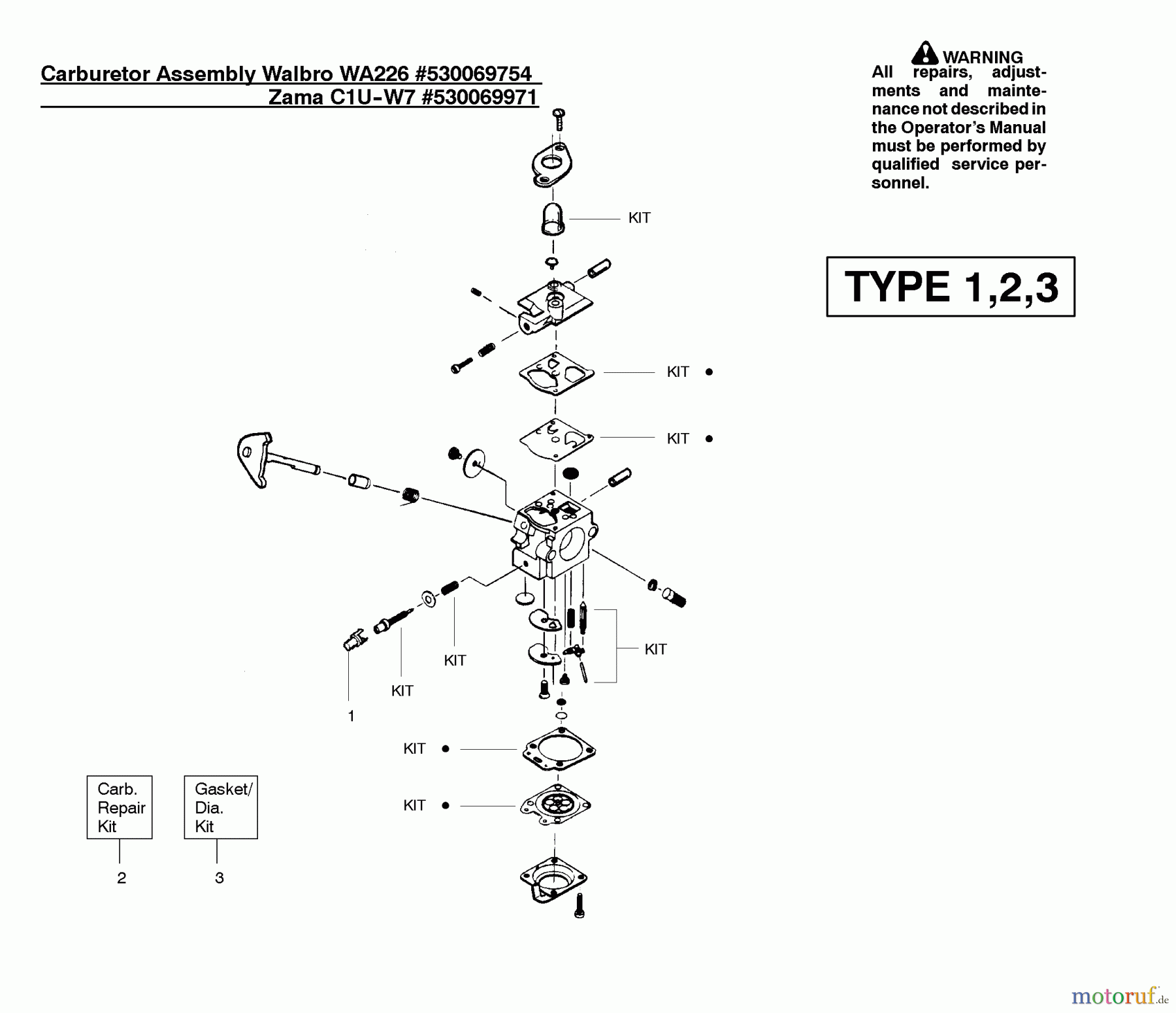  Poulan / Weed Eater Motorsensen, Trimmer PL500 (Type 1) - Weed Eater String Trimmer Carburetor Assembly (WT226) P/N 530069754, (Zama C1U-W70) P/N 530069971