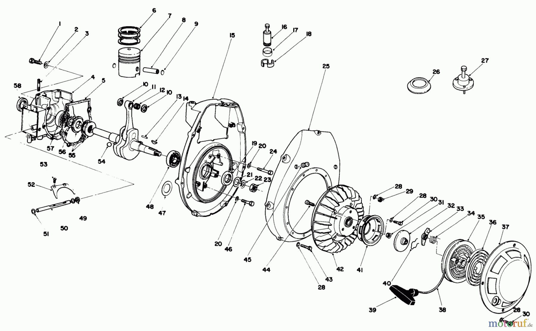  Toro Neu Mowers, Drive Unit Only 30113 - Toro Mid-Size Proline Gear Traction Unit, 8 hp, 1986 (6000001-6999999) CRANKCASE & FLYWHEEL ASSEMBLY