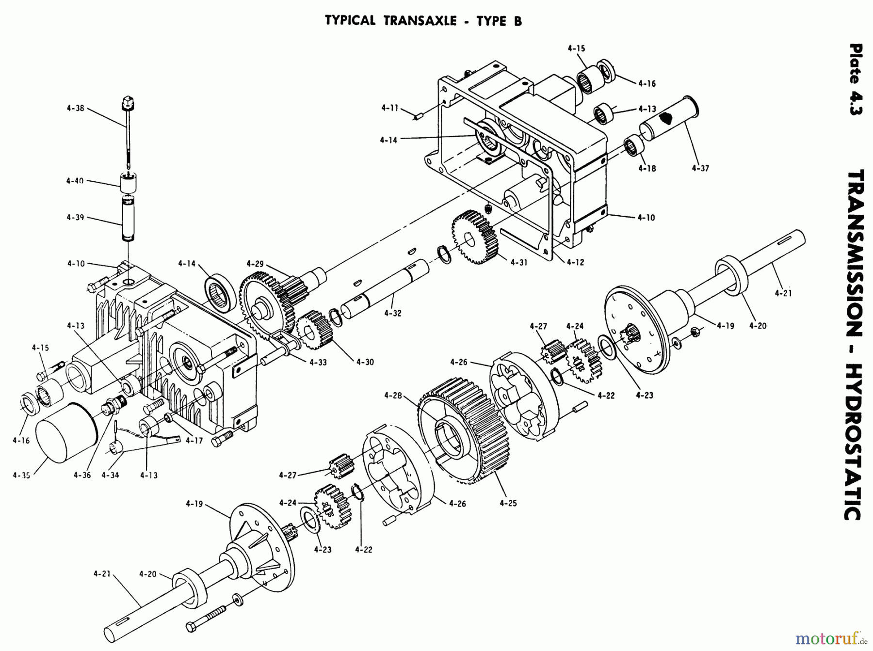  Toro Neu Mowers, Lawn & Garden Tractor Seite 1 1-0100 - Toro WorkHorse 800 Tractor, 1971 4.000 TRANSMISSION-HYDROSTATIC-4.010 COMPONENT PARTS, TRANSAXLE-TYPE B (PLATE 4.3)