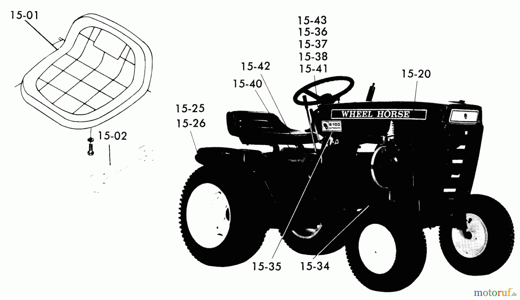  Toro Neu Mowers, Lawn & Garden Tractor Seite 1 1-0511 (B-100) - Toro B-100 Automatic Tractor, 1975 SEATS, DECALS, MISC. TRIM