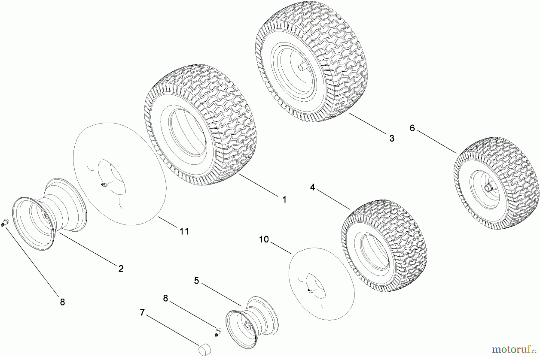  Toro Neu Mowers, Lawn & Garden Tractor Seite 1 13AP61RH048 (LX468) - Toro LX468 Lawn Tractor, 2008 (SN 1C108H20348-) FRONT AND REAR WHEEL ASSEMBLY