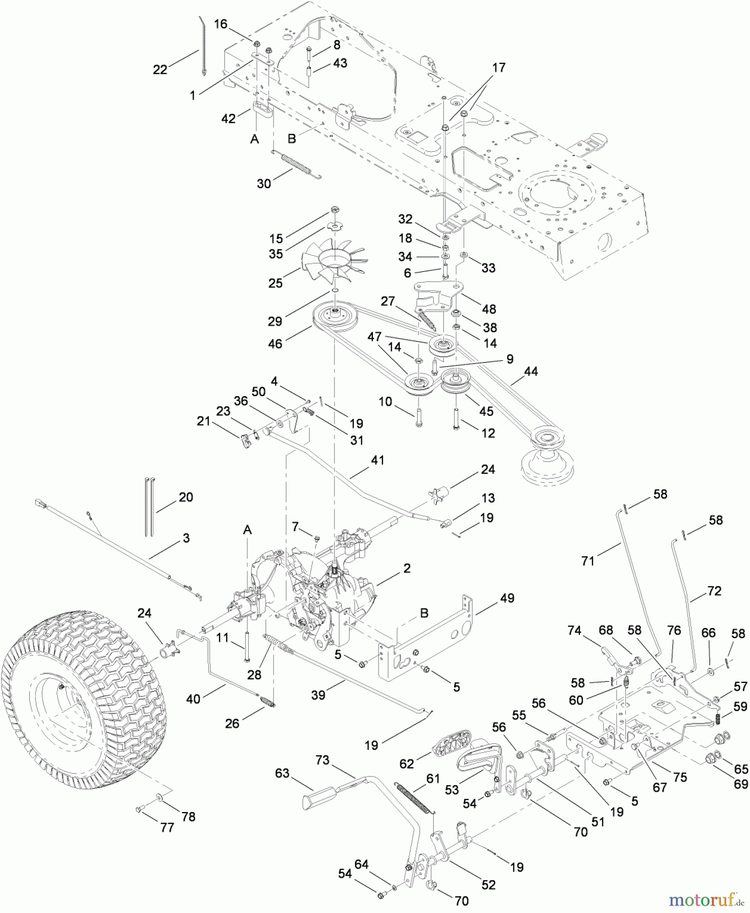  Toro Neu Mowers, Lawn & Garden Tractor Seite 1 13AP61RH048 (LX468) - Toro LX468 Lawn Tractor, 2008 (SN 1C108H20348-) TRANSMISSION AND BELT ASSEMBLY