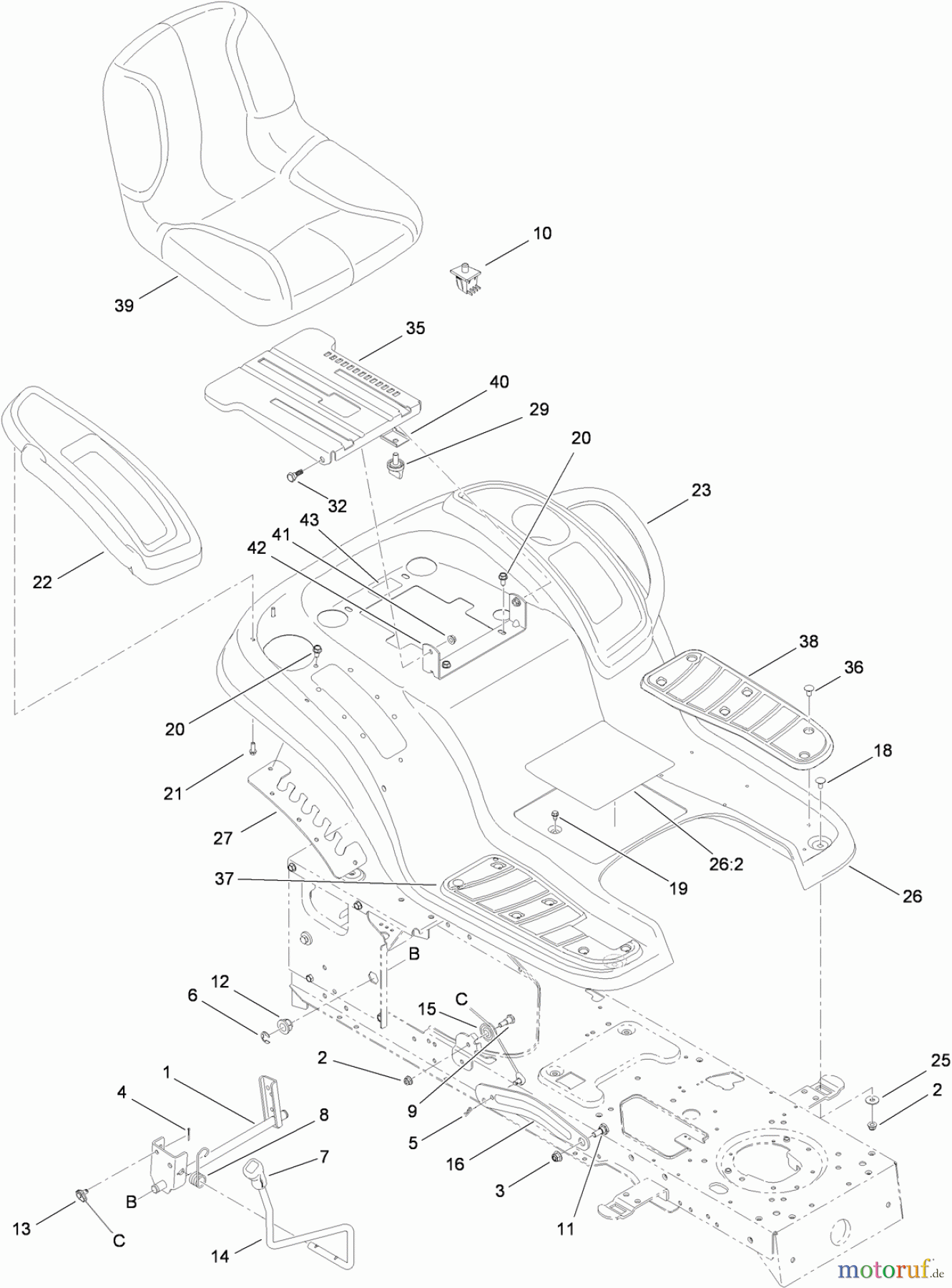 Toro Neu Mowers, Lawn & Garden Tractor Seite 1 13AP61RH848 (LX468) - Toro LX468 Lawn Tractor, 2009 (1-1) SEAT, FENDER AND DECK LIFT ASSEMBLY