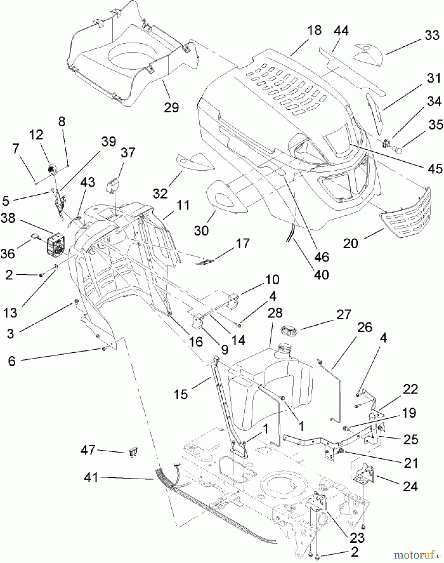  Toro Neu Mowers, Lawn & Garden Tractor Seite 1 13AX60RG544 (LX420) - Toro LX420 Lawn Tractor, 2006 (1L215B10000-) FUEL TANK AND HOOD ASSEMBLY