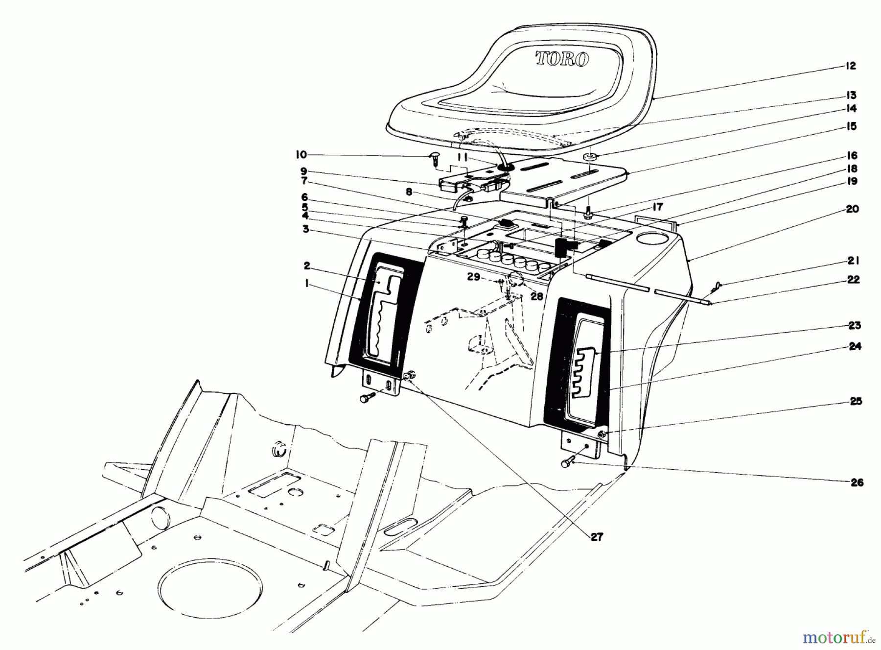  Toro Neu Mowers, Lawn & Garden Tractor Seite 1 57300 (8-32) - Toro 8-32 Front Engine Rider, 1983 (3000001-3999999) REAR BODY & SEAT ASSEMBLY