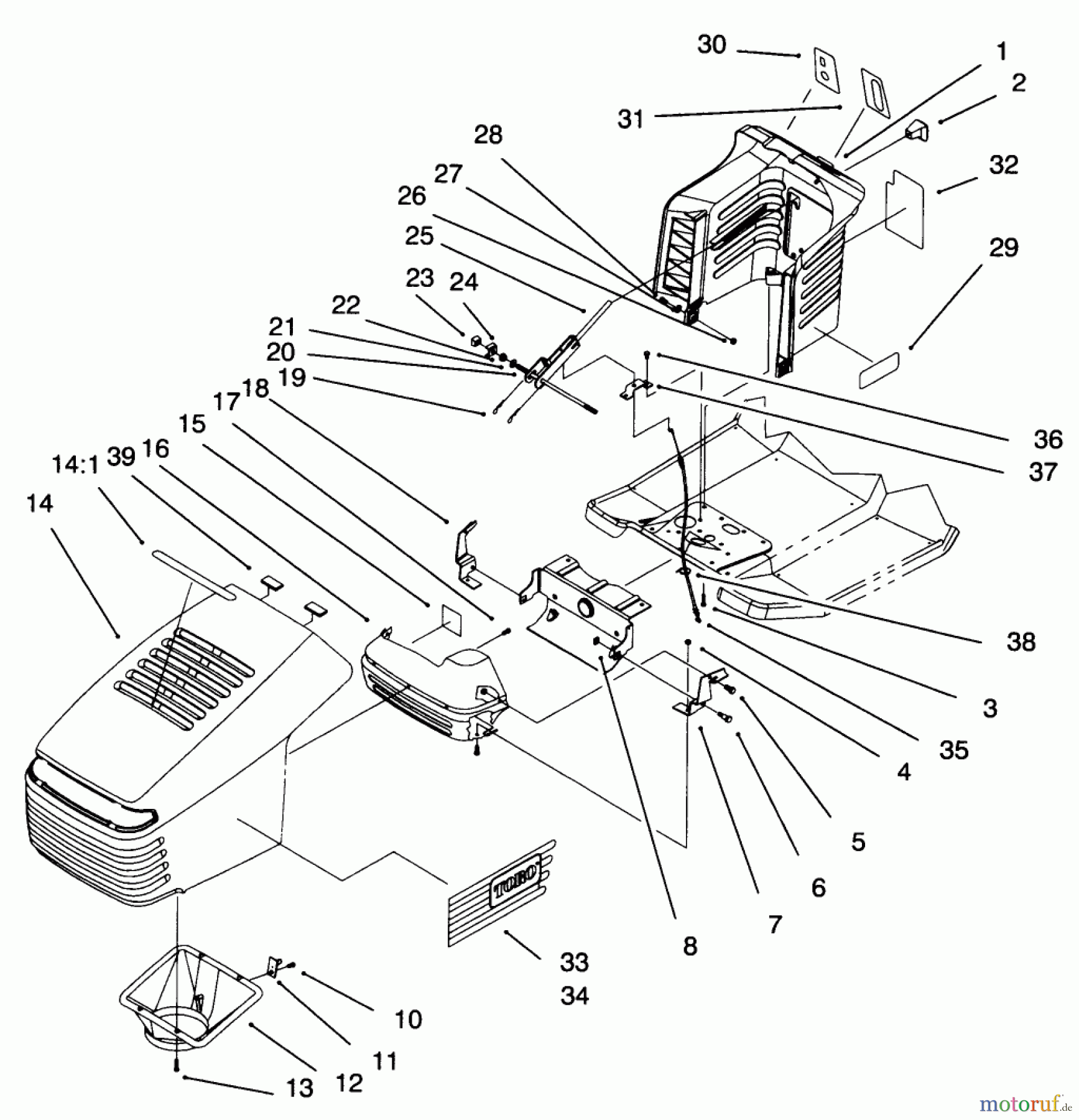  Toro Neu Mowers, Lawn & Garden Tractor Seite 1 71217 (14-38HXL) - Toro 14-38HXL Lawn Tractor, 1996 (6900001-6999999) HOOD & TOWER ASSEMBLY