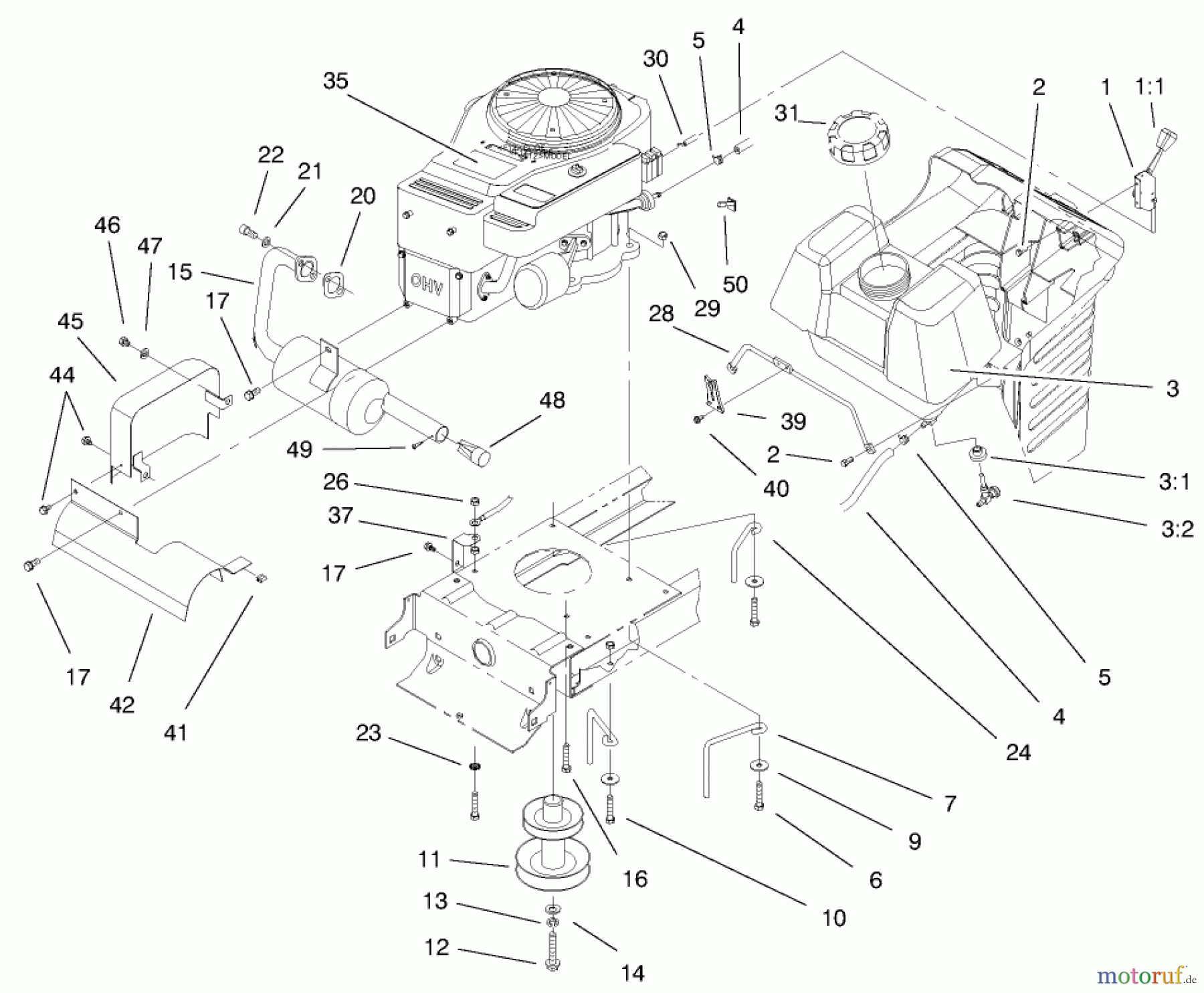  Toro Neu Mowers, Lawn & Garden Tractor Seite 1 71197 (17-44HXL) - Toro 17-44HXL Lawn Tractor, 2000 (200000001-200999999) ENGINE SYSTEMS COMPONENTS ASSEMBLY