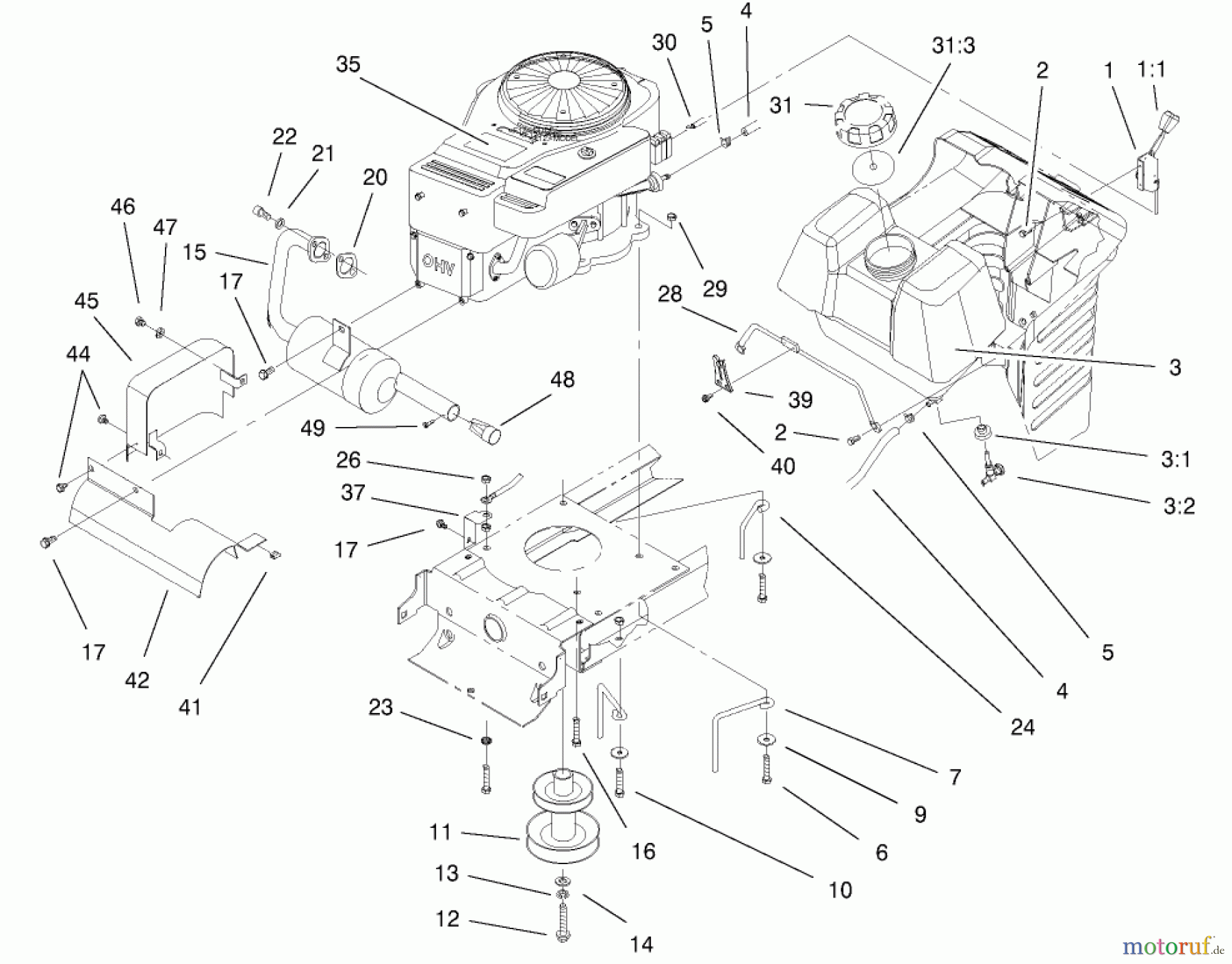  Toro Neu Mowers, Lawn & Garden Tractor Seite 1 71212 (17-44HXL) - Toro 17-44HXL Lawn Tractor, 2000 (200000001-200999999) ENGINE SYSTEMS COMPONENTS ASSEMBLY