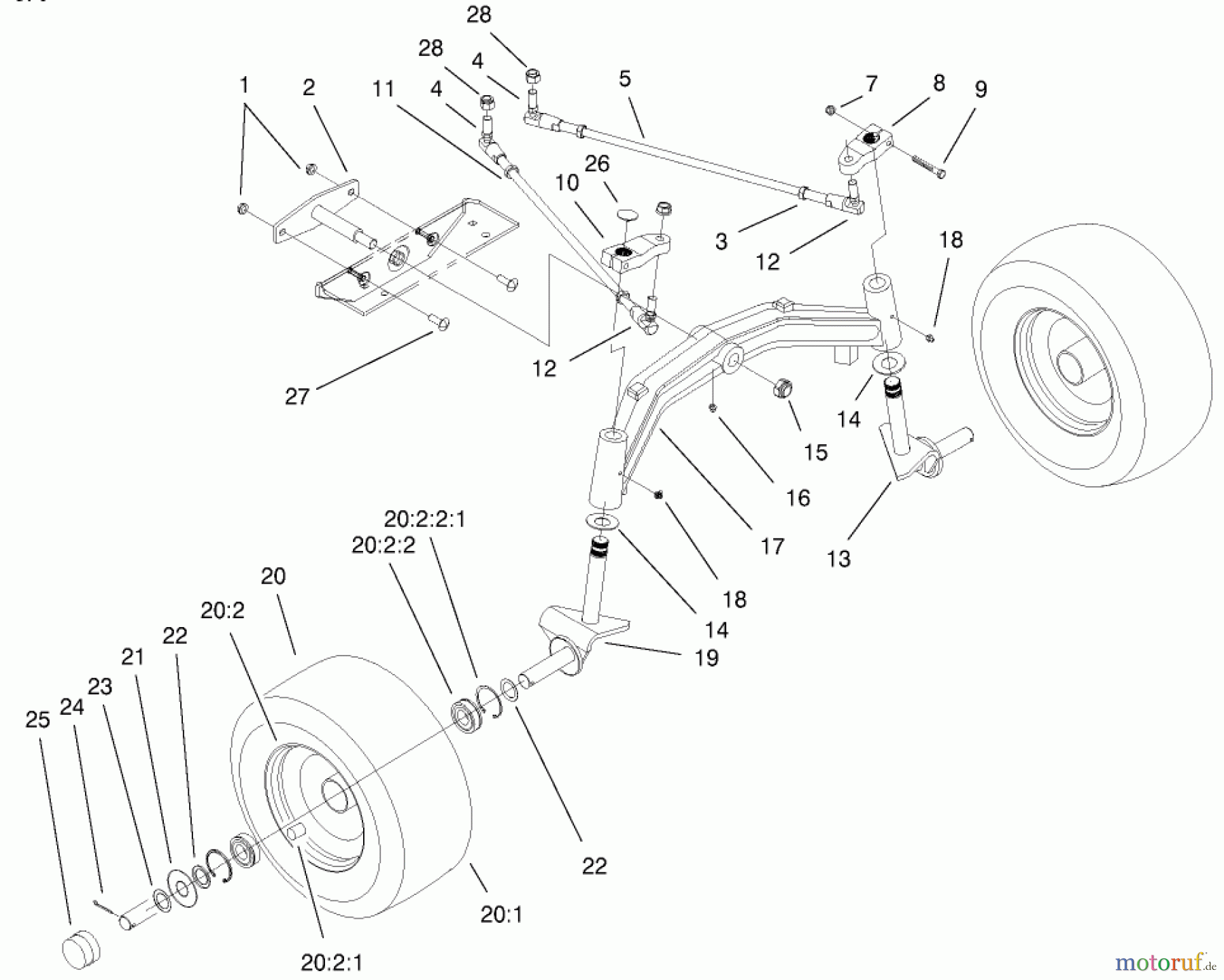  Toro Neu Mowers, Lawn & Garden Tractor Seite 1 73542 (520xi) - Toro 520xi Garden Tractor, 2000 (200000001-200999999) TIE RODS, SPINDLE, & FRONT AXLE ASSEMBLY