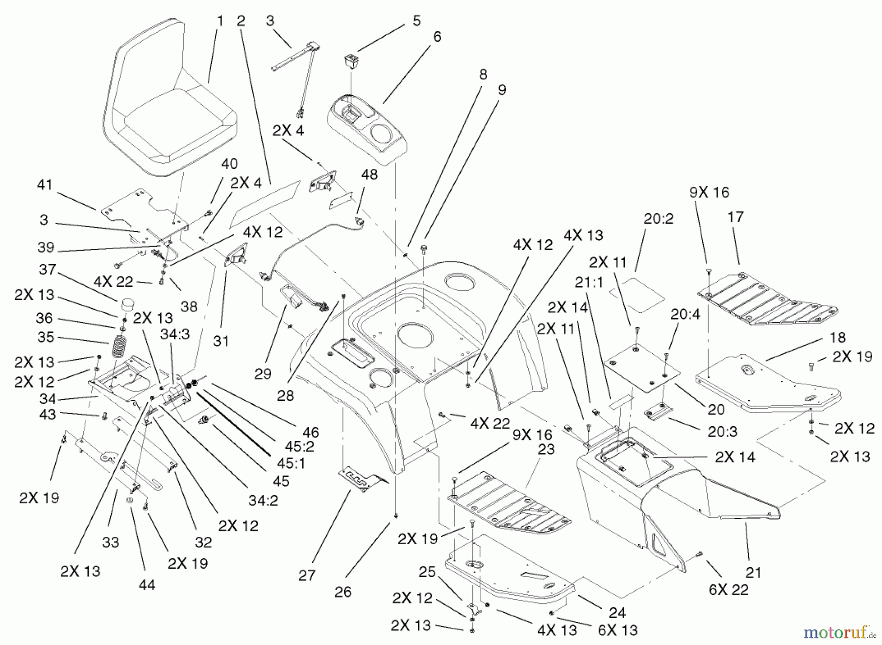 Toro Neu Mowers, Lawn & Garden Tractor Seite 1 73561 (522xi) - Toro 522xi Garden Tractor, 2002 (220000001-220999999) FENDER, FOOTREST, & SEAT ASSEMBLY
