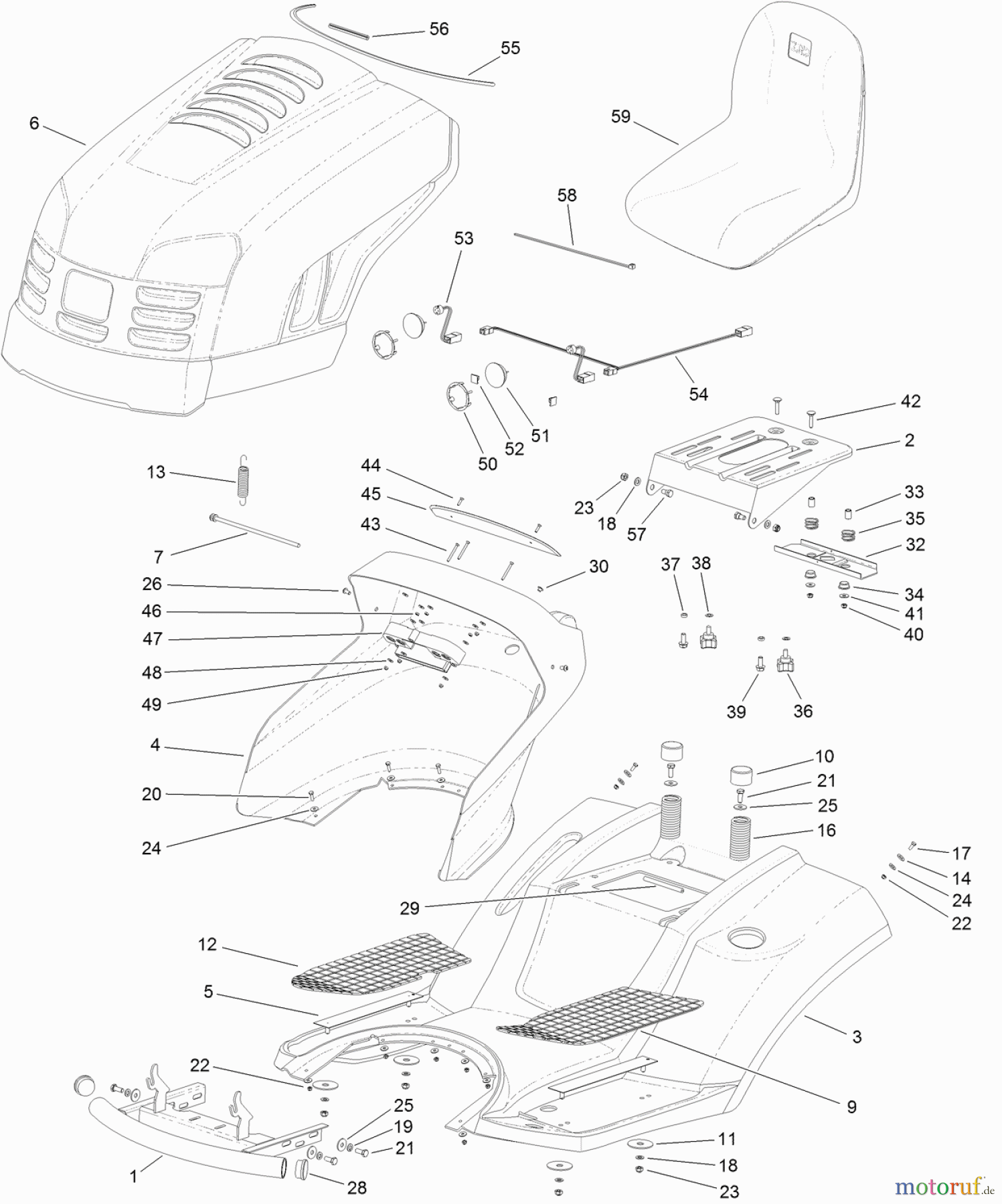 Toro Neu Mowers, Lawn & Garden Tractor Seite 1 74596 (DH 220) - Toro DH 220 Lawn Tractor, 2012 (SN 312000001-312999999) BODY AND HOOD ASSEMBLY