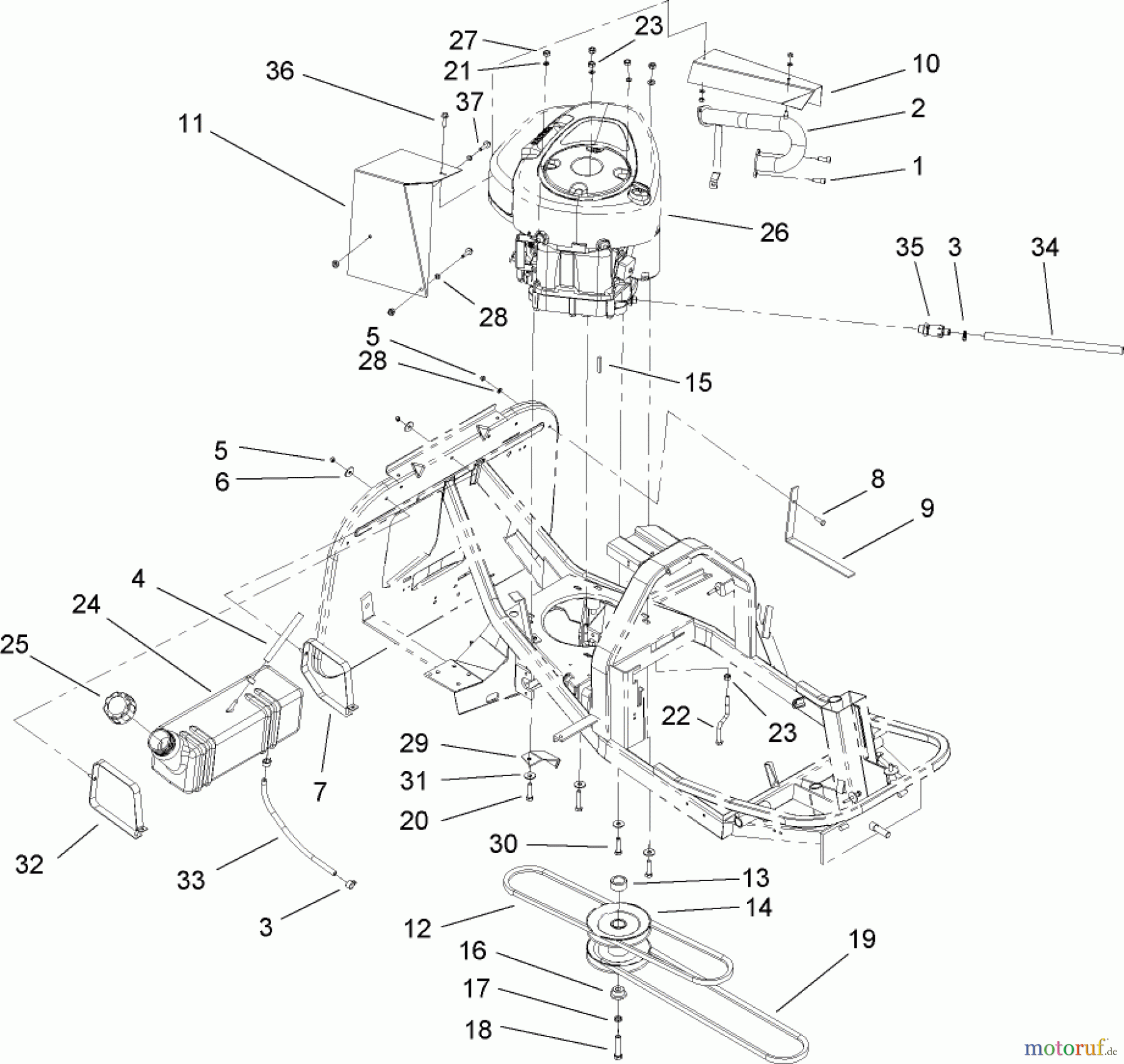 Toro Neu Mowers, Rear-Engine Rider 70185 (G132) - Toro G132 Rear-Engine Riding Mower, 2007 (270000001-270805705) ENGINE AND FUEL TANK ASSEMBLY