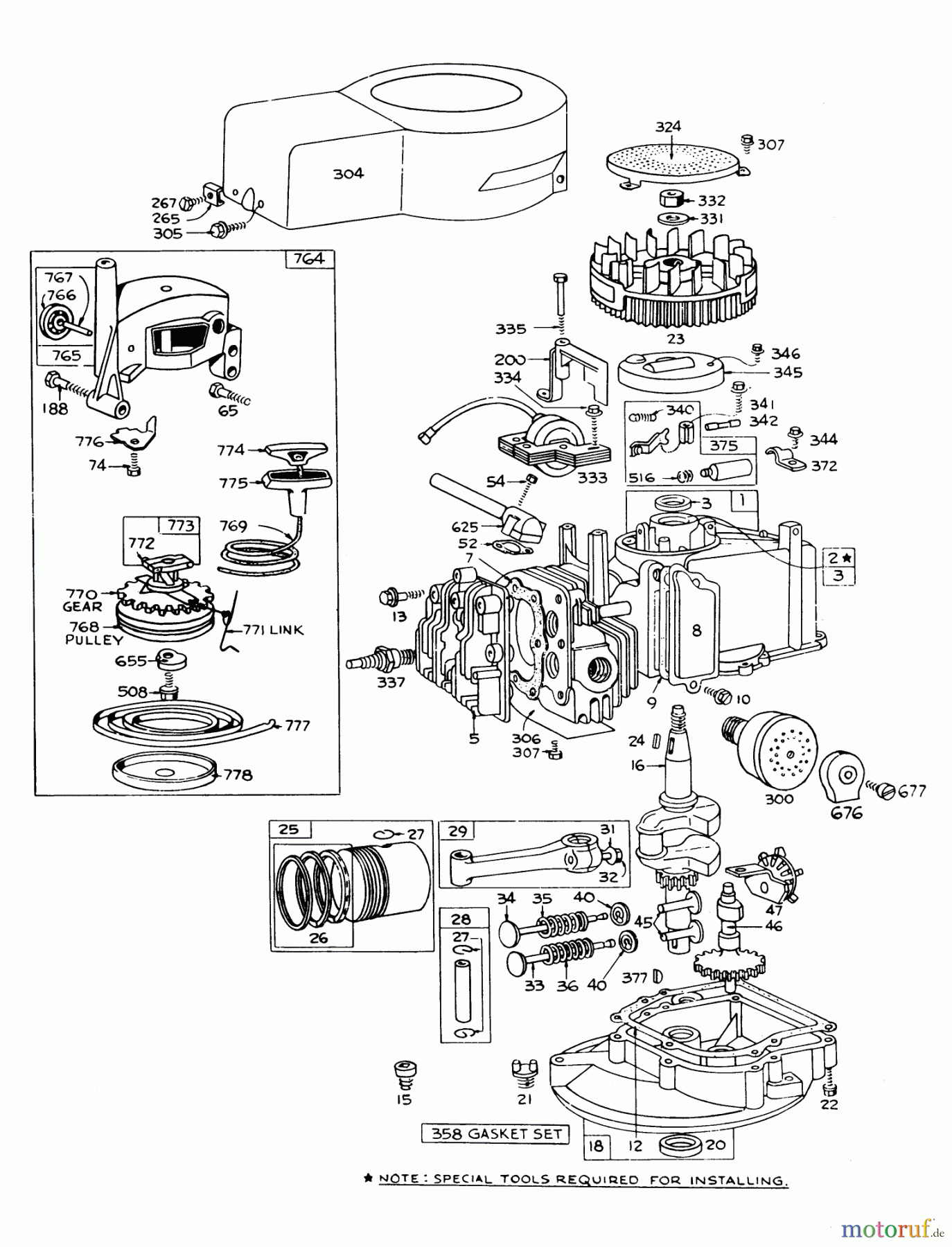  Toro Neu Mowers, Walk-Behind Seite 1 16009 - Toro Whirlwind II Lawnmower, 1978 (8000001-8999999) ENGINE BRIGGS & STRATTON MODEL 92508-0954-01 FOR 19