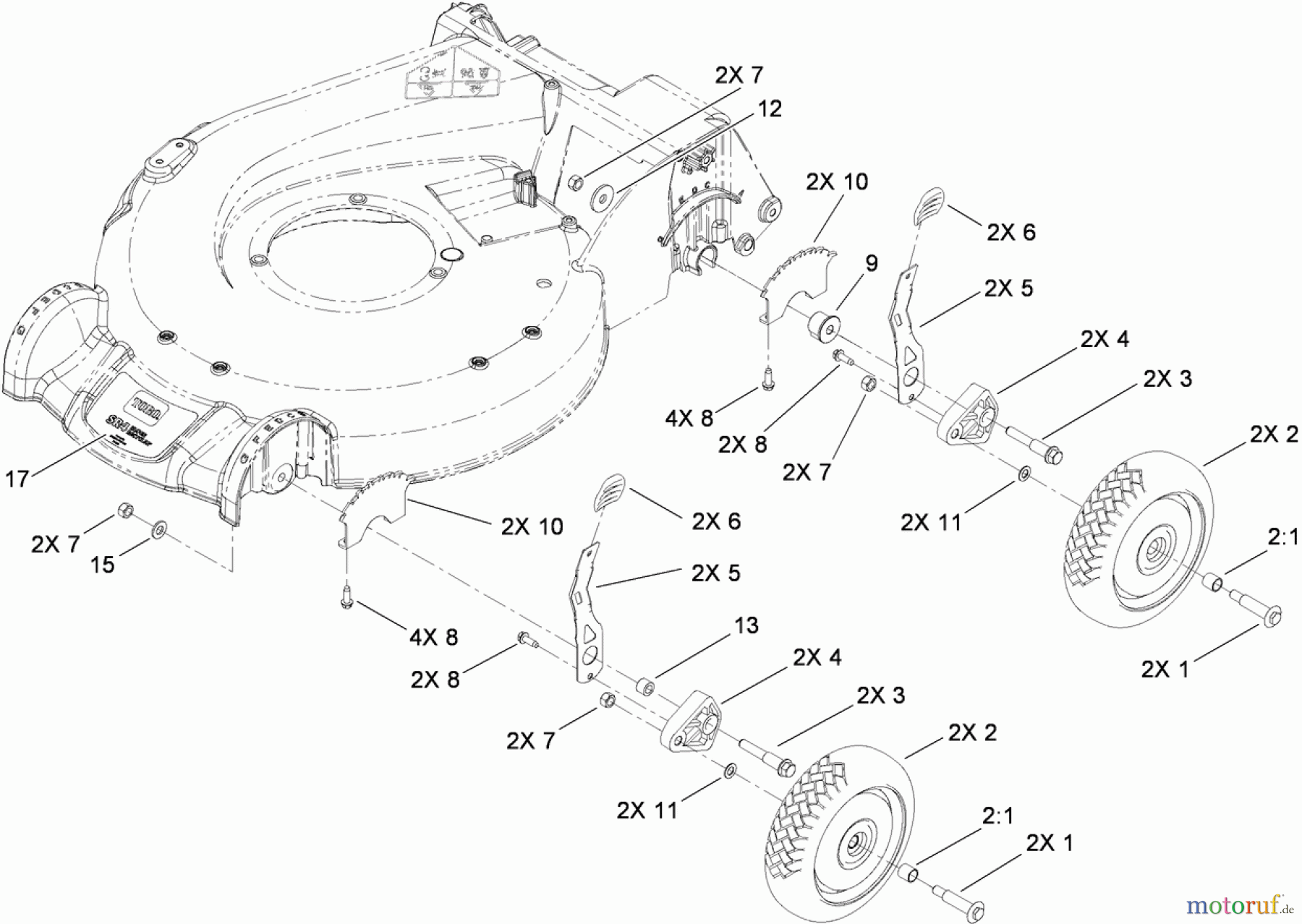 Toro Neu Mowers, Walk-Behind Seite 1 20090C - Toro Super Recycler Lawn Mower, 2009 (290000001-290999999) FRONT AND REAR WHEEL ASSEMBLY