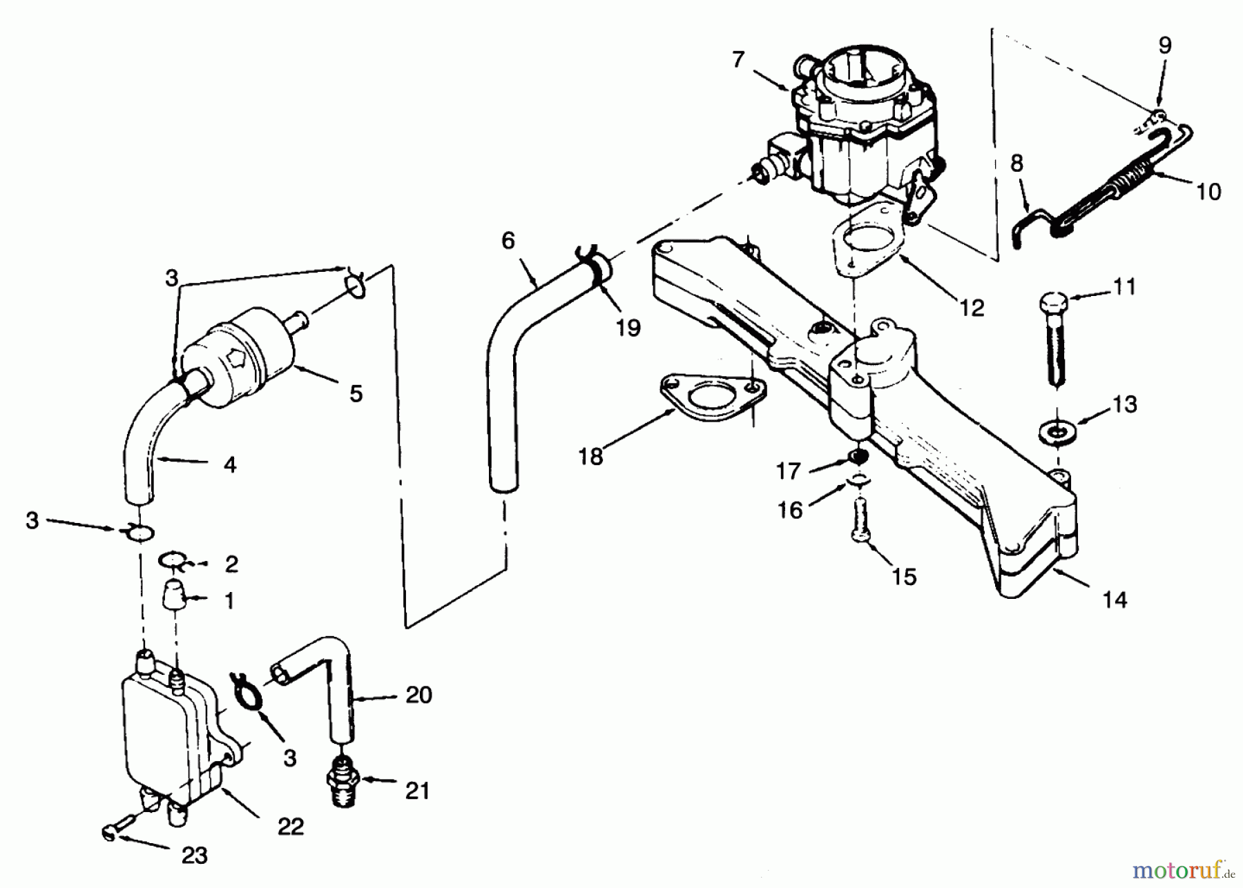  Toro Neu Mowers, Zero-Turn 74140 (724-Z) - Toro 724-Z Tractor, 1994 (49000001-49999999) CARBURETOR, INTAKE MANIFOLD & FUEL PUMP
