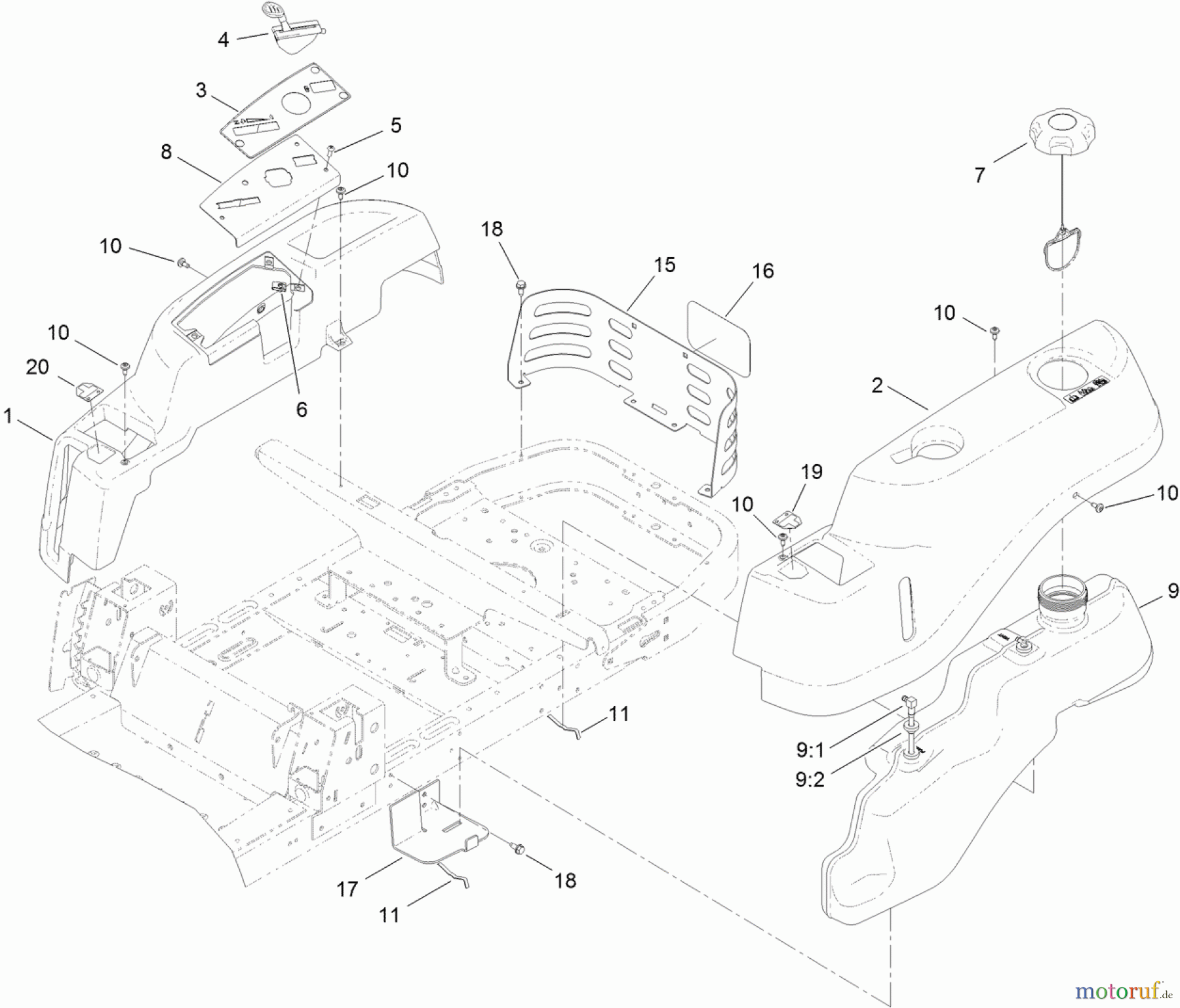  Toro Neu Mowers, Zero-Turn 74389 (ZS 4200S) - Toro TimeCutter ZS 4200S Riding Mower, 2012 (SN 312000001-312999999) BODY STYLING AND FUEL POD ASSEMBLY