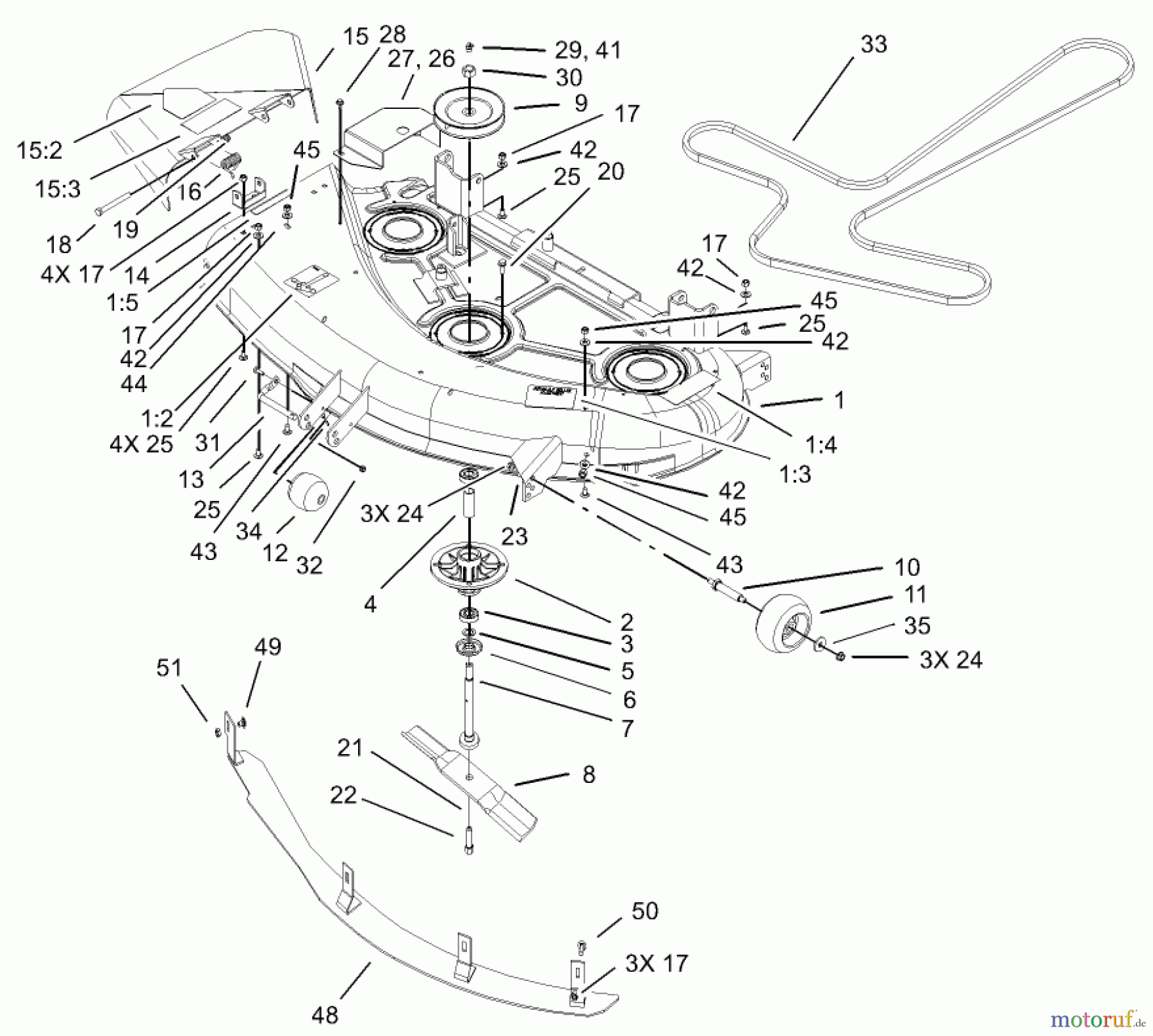  Toro Neu Mowers, Zero-Turn 74502 (17-44ZX) - Toro 17-44ZX TimeCutter ZX Riding Mower, 2003 (230000001-230999999) 44IN DECK ASSEMBLY