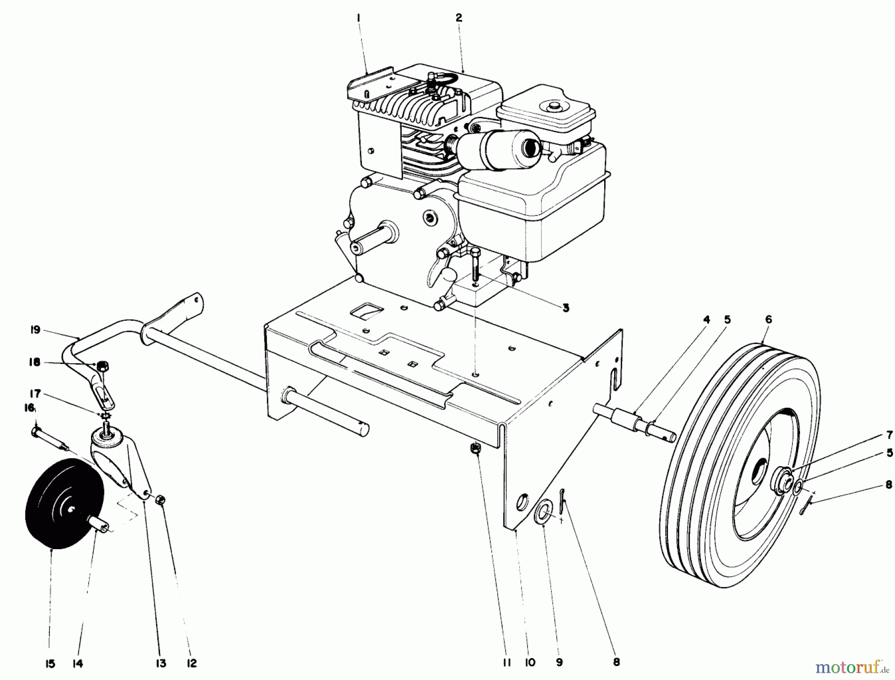  Toro Neu Blowers/Vacuums/Chippers/Shredders 62911 - Toro 5 hp Lawn Vacuum, 1974 (4000001-4999999) ENGINE AND BASE ASSEMBLY (MODEL 62911)