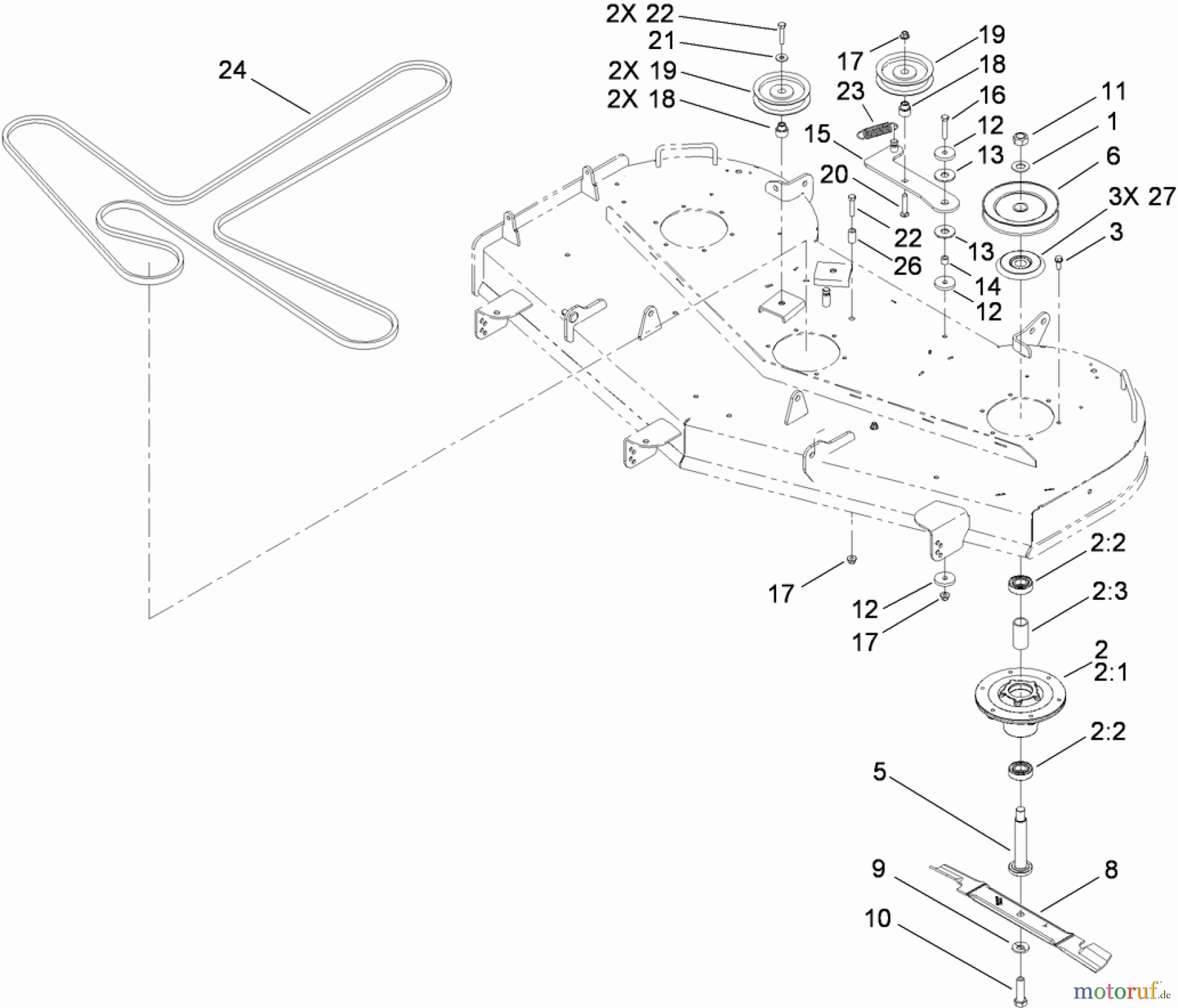  Toro Neu Mowers, Zero-Turn 74824 (ZX6050) - Toro TITAN ZX6050 Zero-Turn-Radius Riding Mower, 2009 (290000001-290999999) 60 INCH DECK SPINDLE AND BLADE ASSEMBLY
