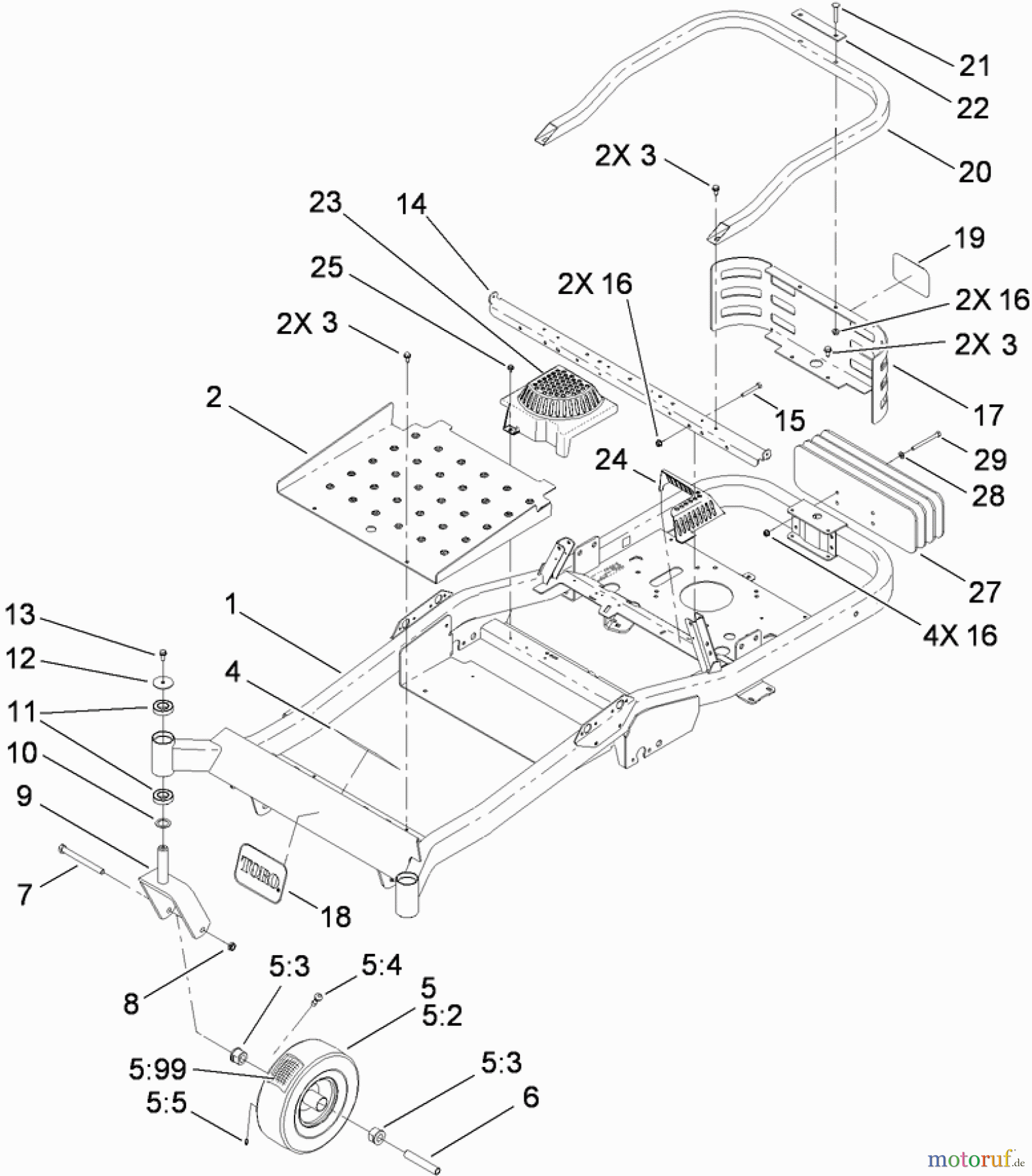  Toro Neu Mowers, Zero-Turn 74824 (ZX6050) - Toro TITAN ZX6050 Zero-Turn-Radius Riding Mower, 2009 (290000001-290999999) FRAME AND CASTOR WHEEL ASSEMBLY