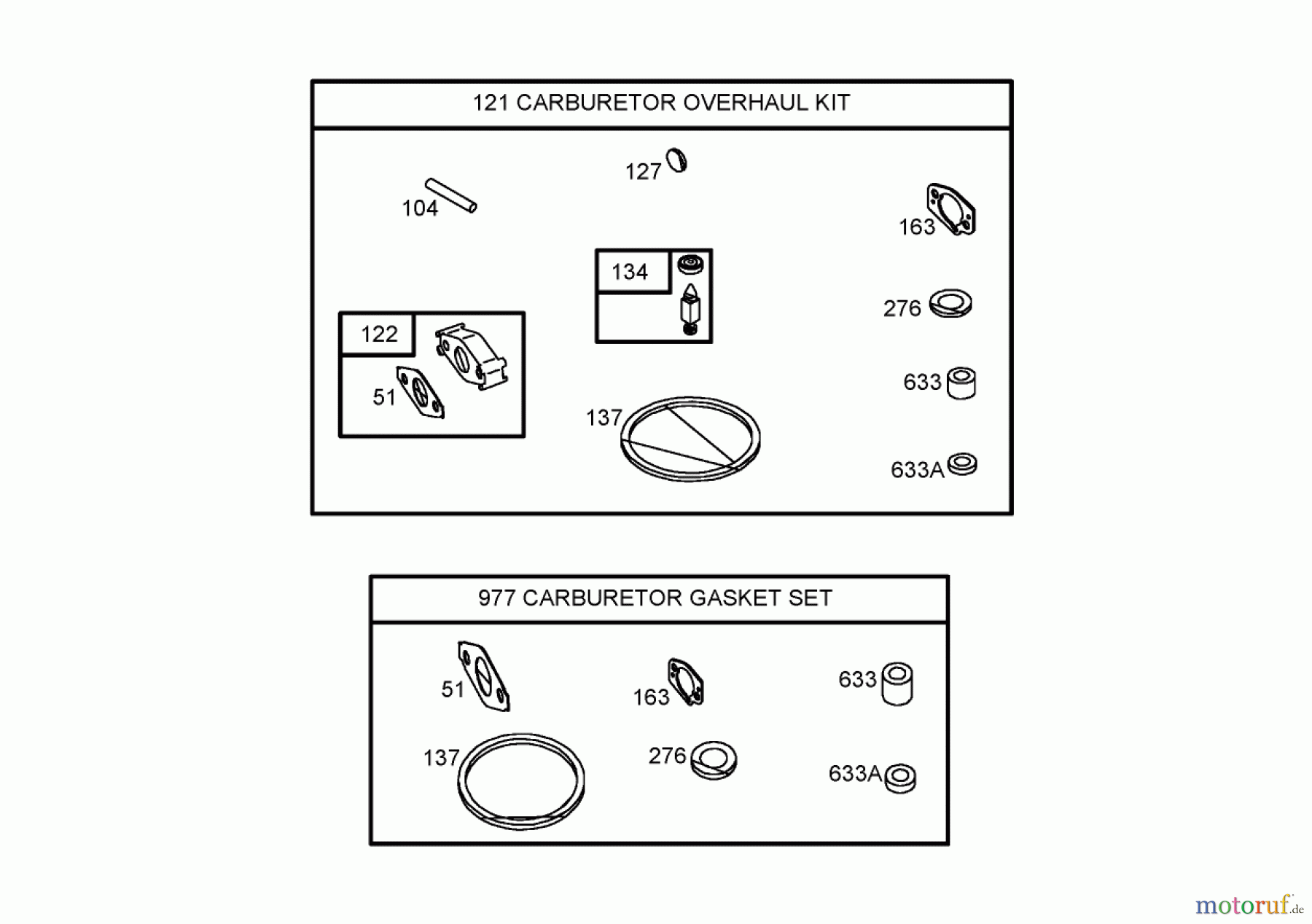 Toro Neu Blowers/Vacuums/Chippers/Shredders 62925 - Toro 206cc OHV Vacuum Blower, 2005 (250000001-250999999) 121 CABURETOR OVERHAUL KIT AND 977 CABURETOR GASKET SET ASSEMBLIES, BRIGGS AND STRATTON 126302-0245-E1